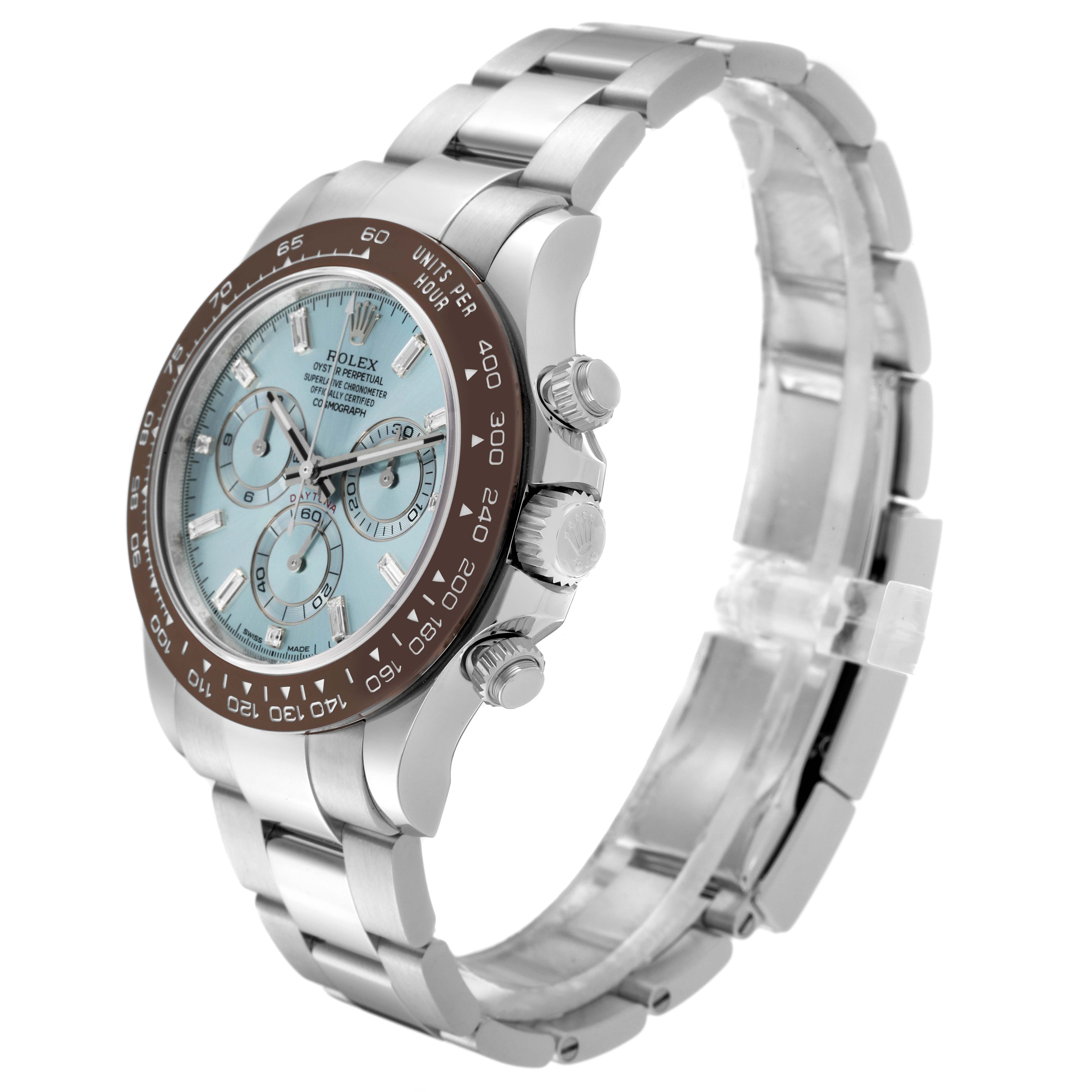 The Rolex Daytona 116506 Men's Platinum Blue Dial 116506 Men's Platinum Blue Dial is shown at a side angle, displaying the dial, bezel, crown, and bracelet.
