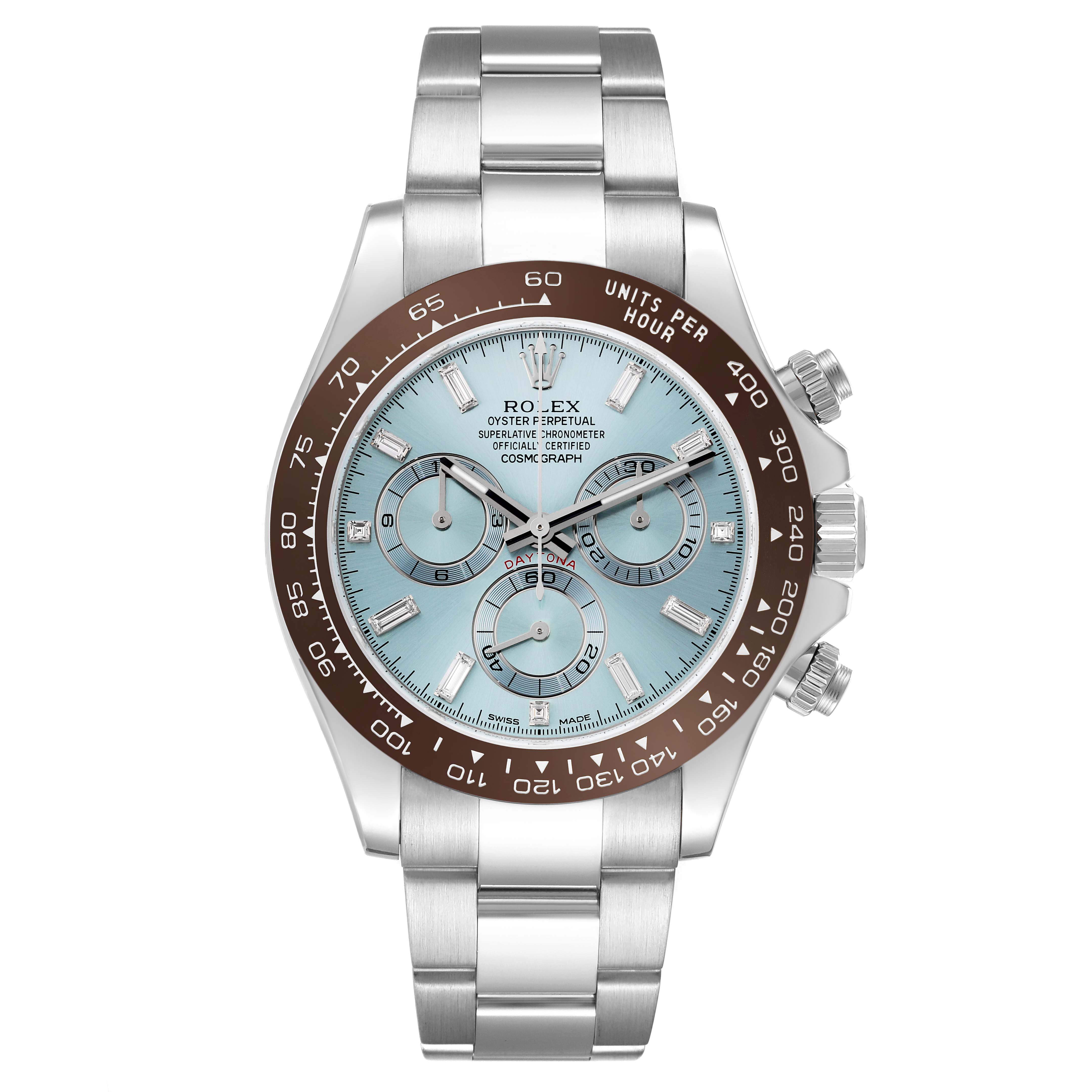 The Rolex Daytona 116506 Men's Platinum Blue Dial 116506 Men's Platinum Blue Dial watch is shown from the front, displaying its dial, bezel, and bracelet.