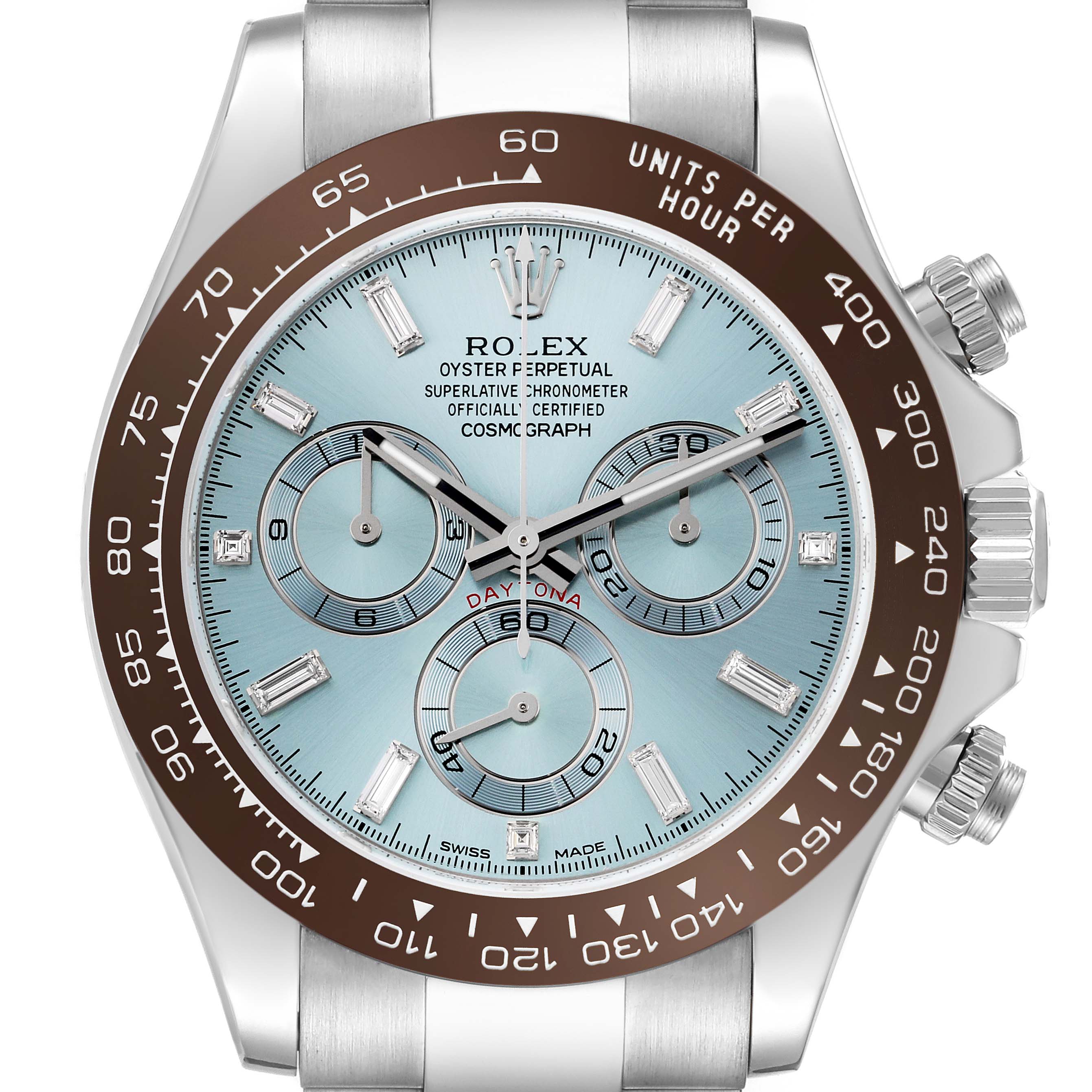 The Rolex Daytona 116506 Men's Platinum Blue Dial 116506 Men's Platinum Blue Dial watch is shown from a frontal angle, highlighting its face, bezel, and side controls.