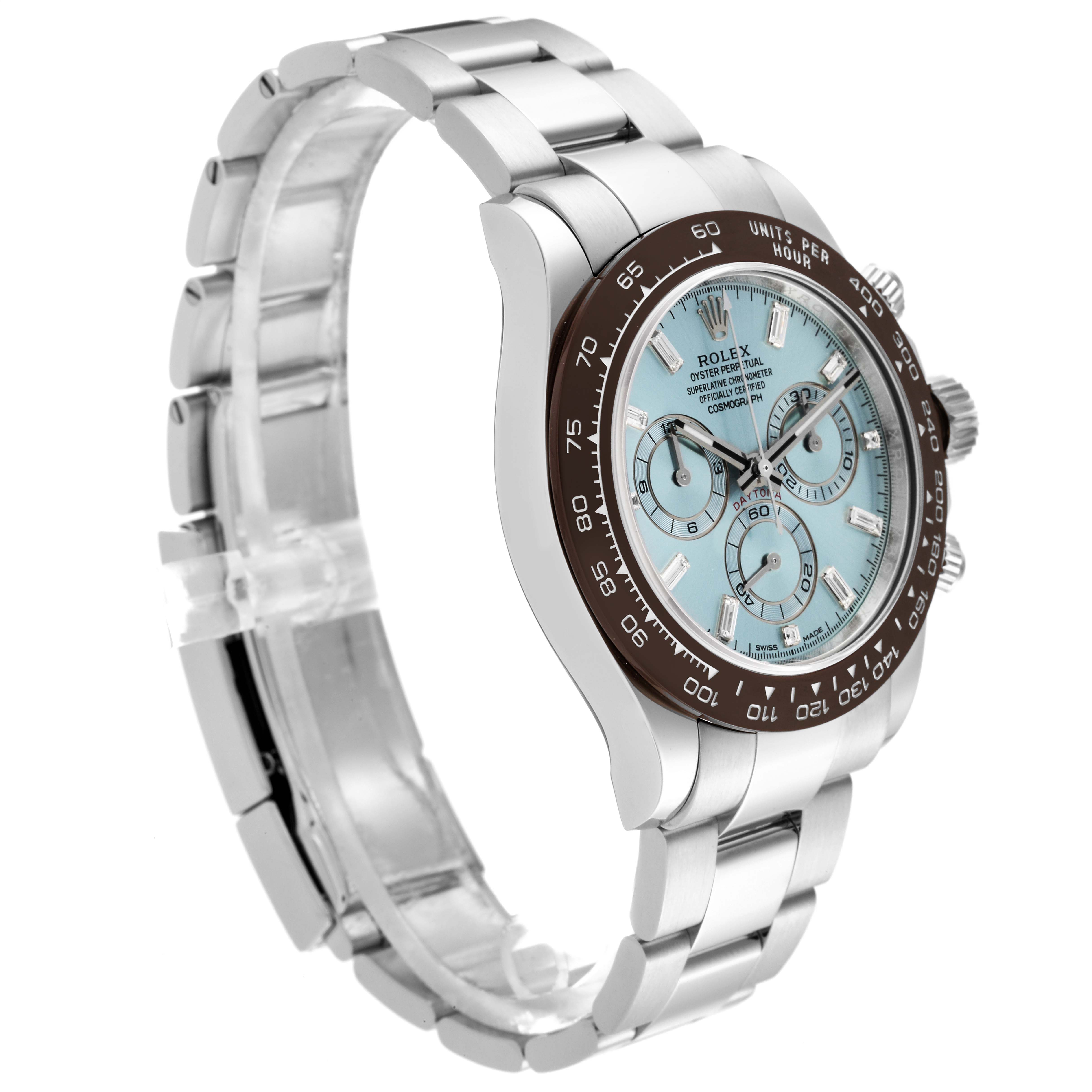 The image shows a side angle of a Rolex Daytona 116506 Men's Platinum Blue Dial 116506 Men's Platinum Blue Dial watch, highlighting its bracelet, bezel, and dial.