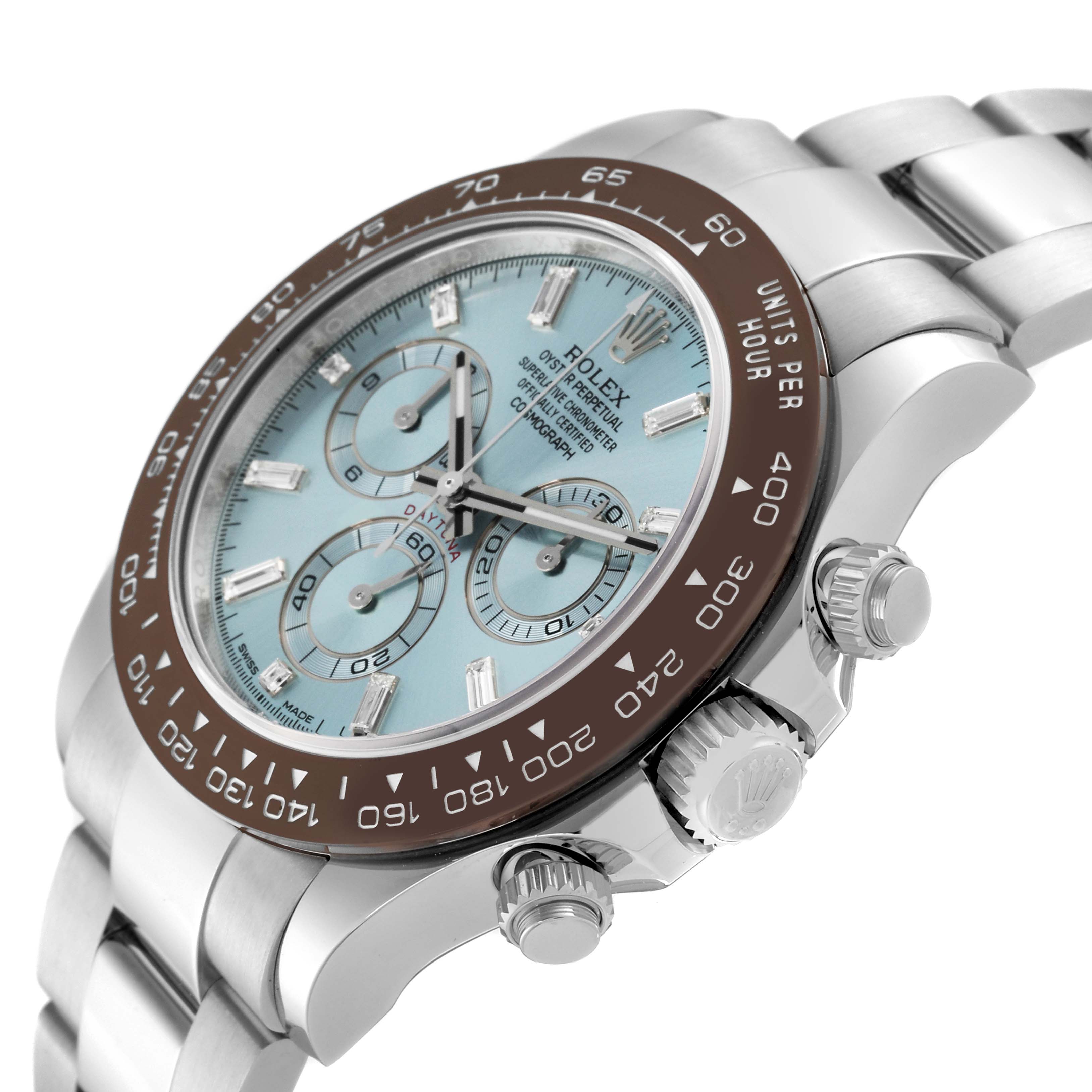 The Rolex Daytona 116506 Men's Platinum Blue Dial 116506 Men's Platinum Blue Dial watch is shown at a side angle, focusing on the dial, bezel, crown, and bracelet.