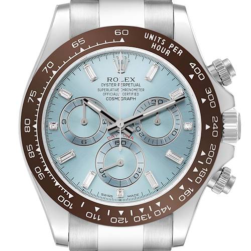 The Rolex Daytona watch is shown from the front, highlighting the face, bezel, and part of the bracelet.