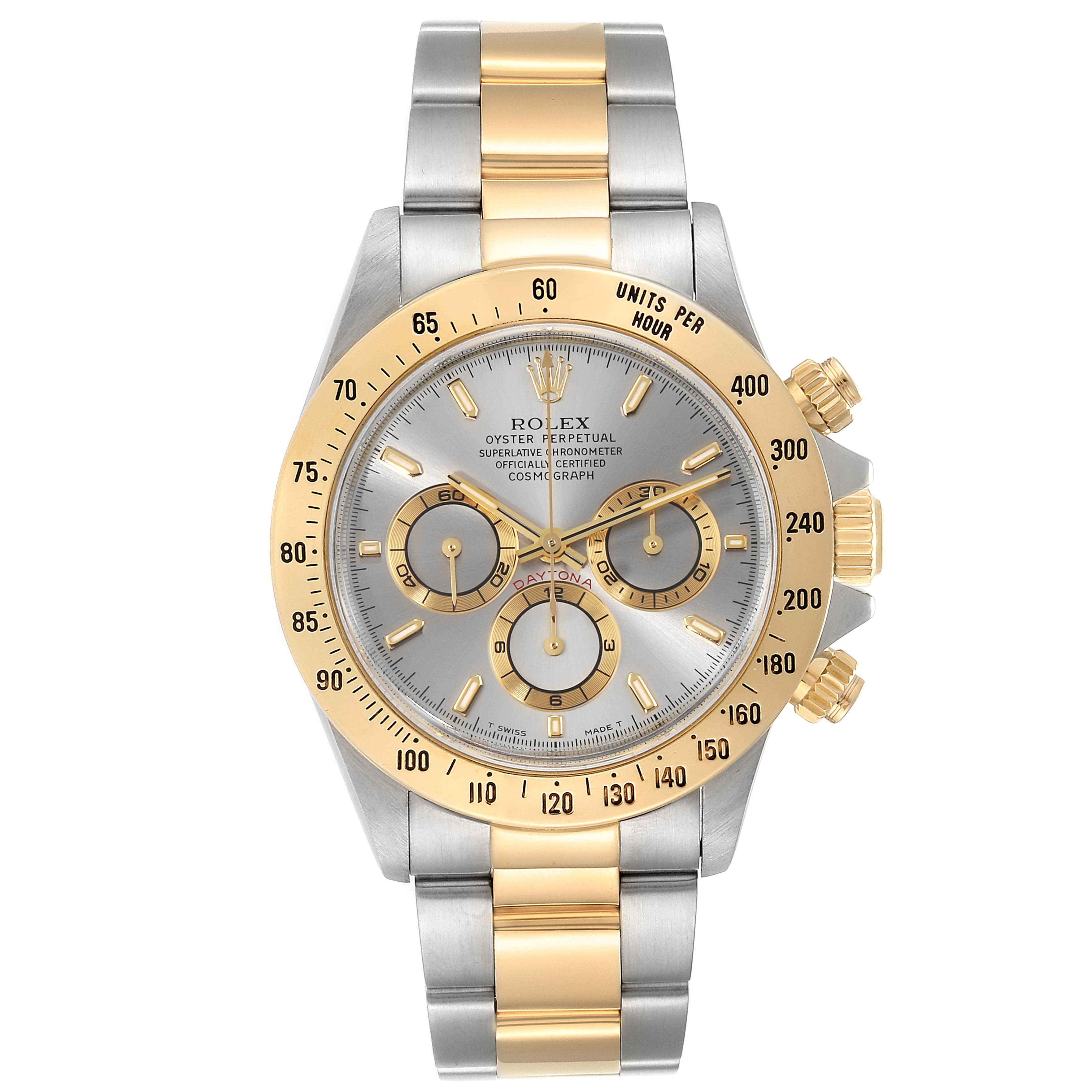 The image shows a front view of the Rolex Daytona 16523 Men's Steel and Gold (two tone) Grey Dial 16523 Men's Steel and Gold (two tone) Grey Dial watch, featuring a two-tone metal bracelet and a detailed chronograph dial.