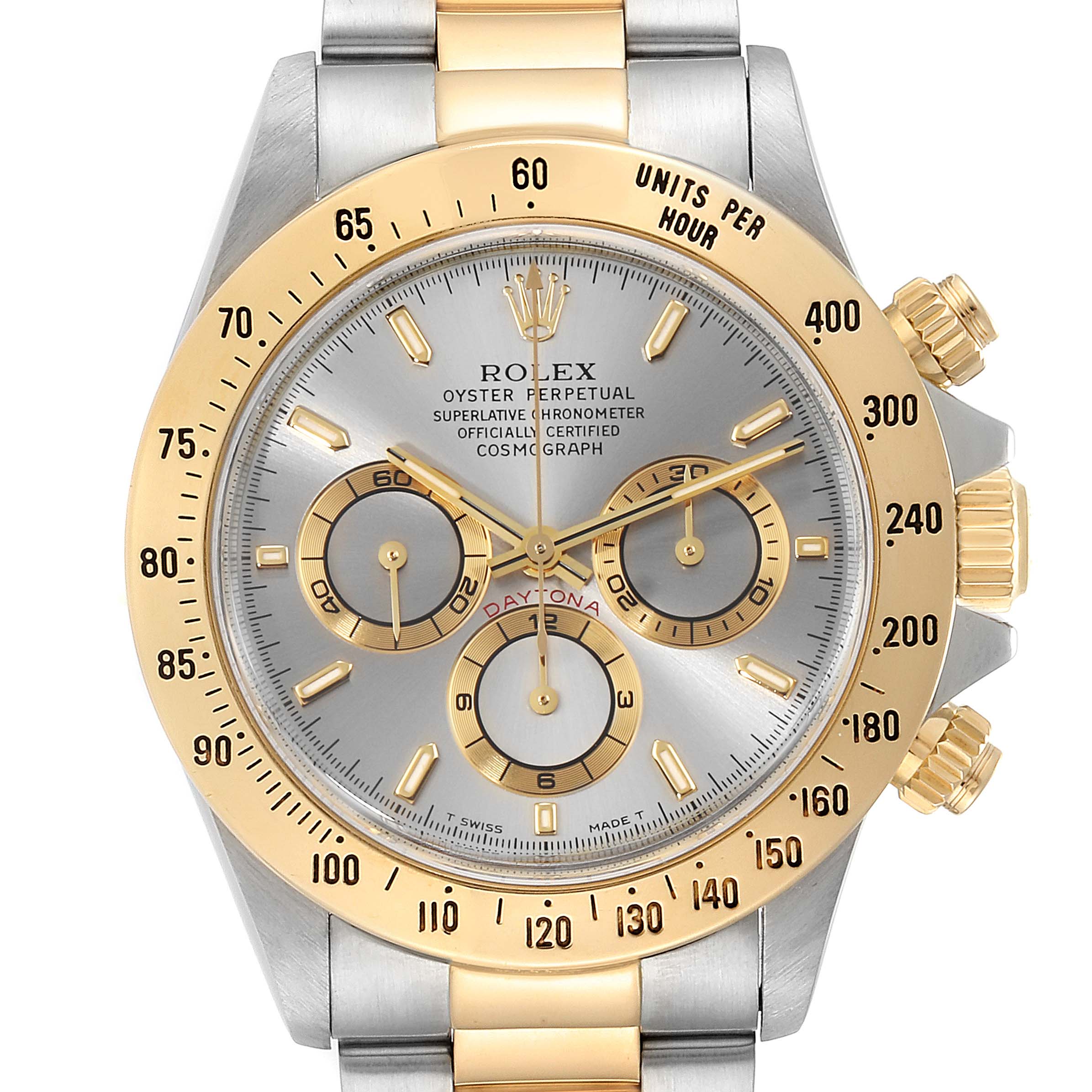 This image shows a front view of a Rolex Daytona 16523 Men's Steel and Gold (two tone) Grey Dial 16523 Men's Steel and Gold (two tone) Grey Dial watch, highlighting its dial, bezel, subdials, and two-tone bracelet.
