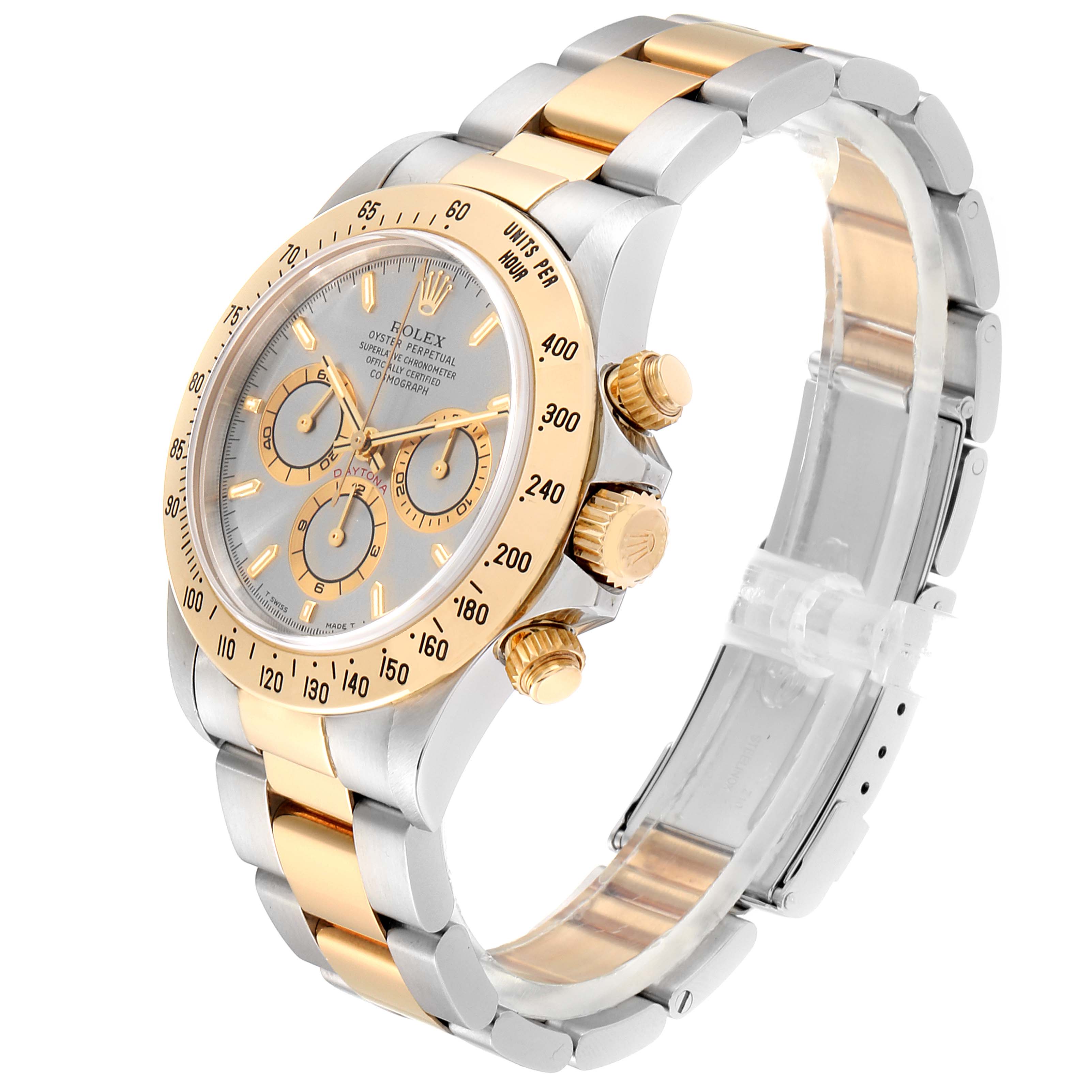The image shows a side view of a Rolex Daytona 16523 Men's Steel and Gold (two tone) Grey Dial 16523 Men's Steel and Gold (two tone) Grey Dial watch, highlighting its gold bezel, dial, and bracelet links.