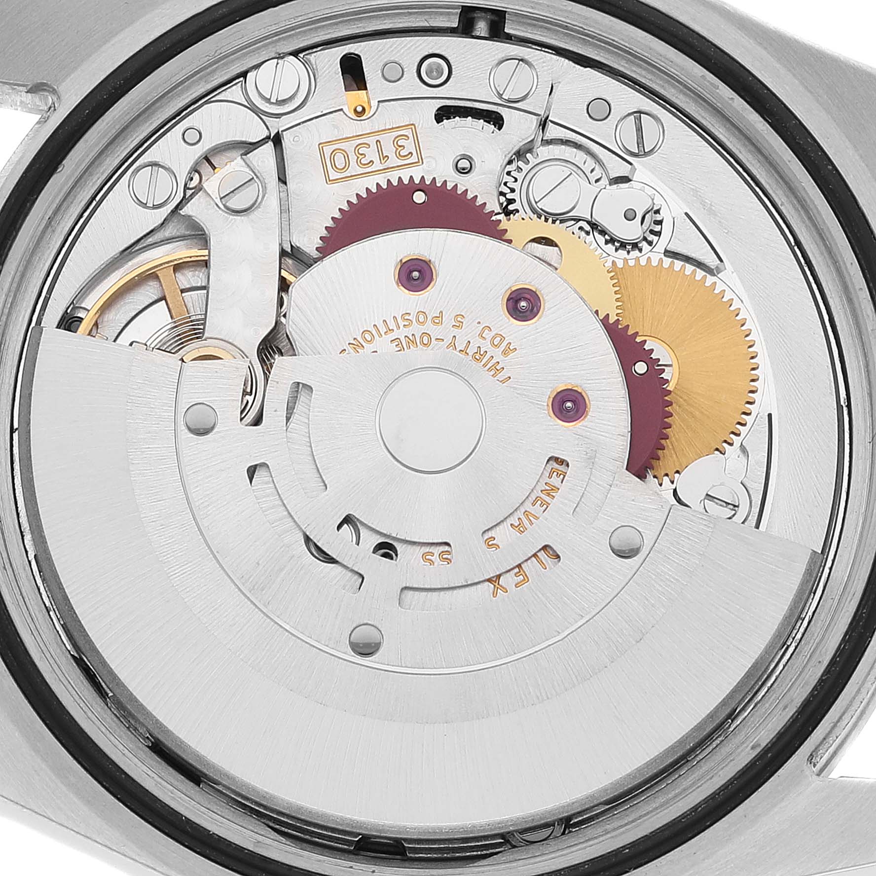 The image shows the internal mechanical movement of a Rolex Explorer 114270 Men
s Stainless Steel Black Dial 114270 Men
s Stainless Steel Black Dial watch from a top-down angle.