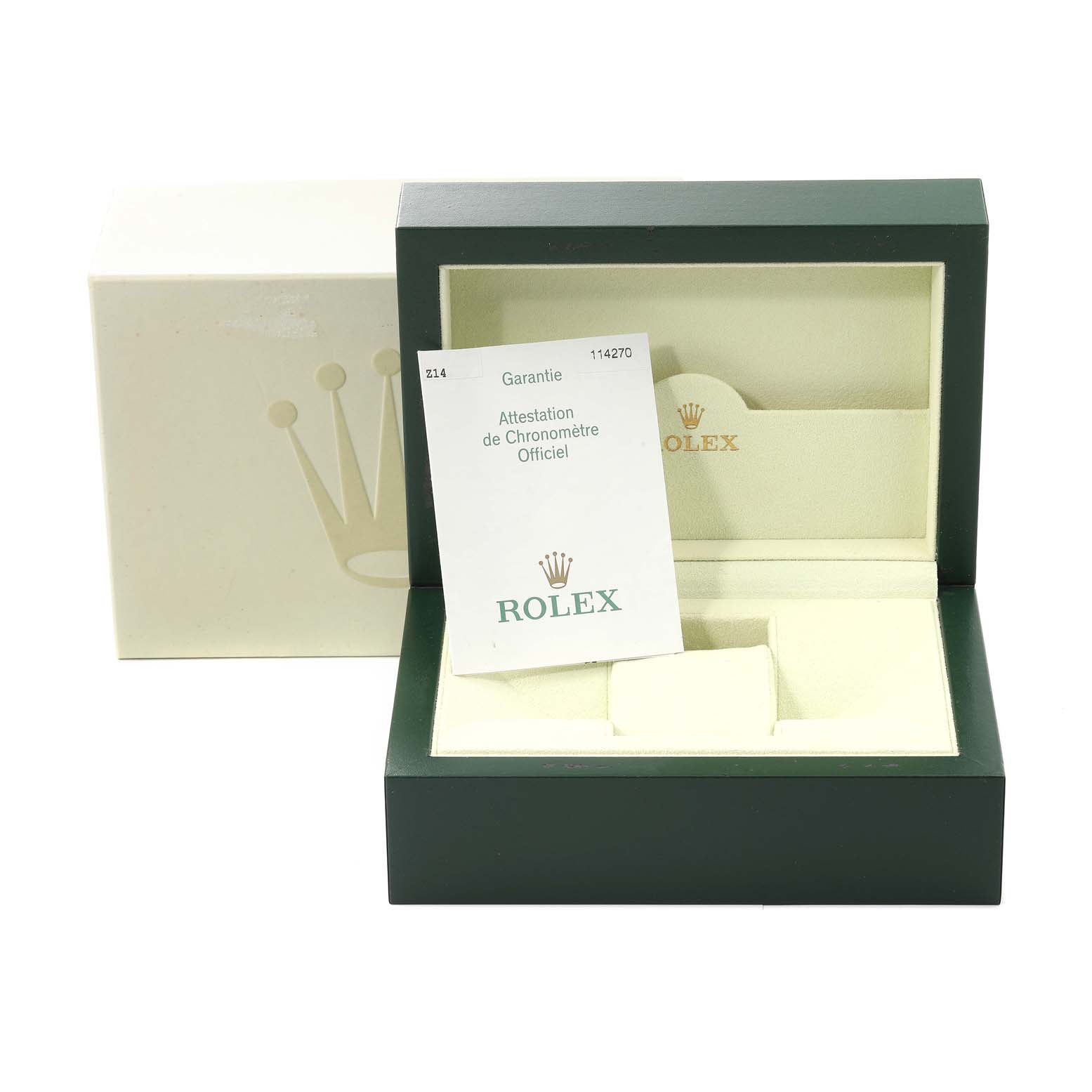 The image shows the open box and warranty card for a Rolex Explorer 114270 Men
s Stainless Steel Black Dial 114270 Men
s Stainless Steel Black Dial watch, angled from the front.