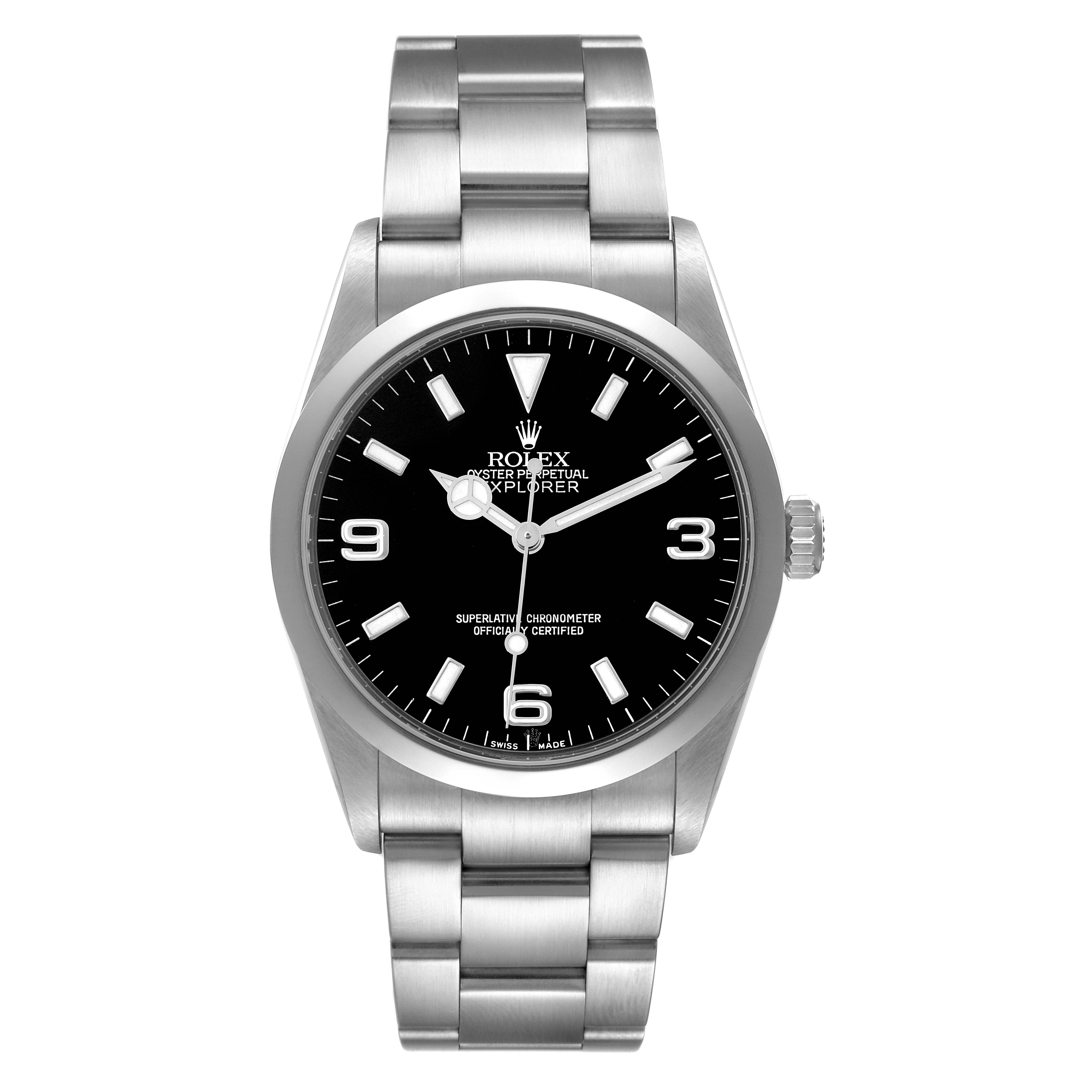 This image shows a front view of a Rolex Explorer 114270 Men
s Stainless Steel Black Dial 114270 Men
s Stainless Steel Black Dial watch, featuring the dial, hands, case, crown, and bracelet.