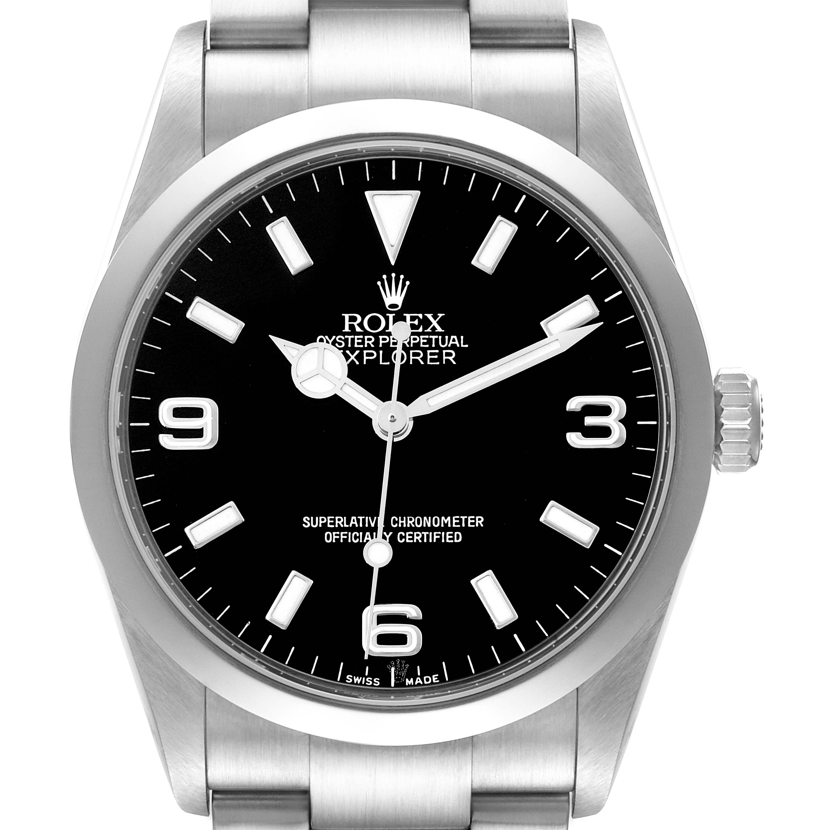 The image shows a front view of the Rolex Explorer 114270 Men
s Stainless Steel Black Dial 114270 Men
s Stainless Steel Black Dial model, highlighting its black dial, numerals, hands, and part of the metal bracelet.