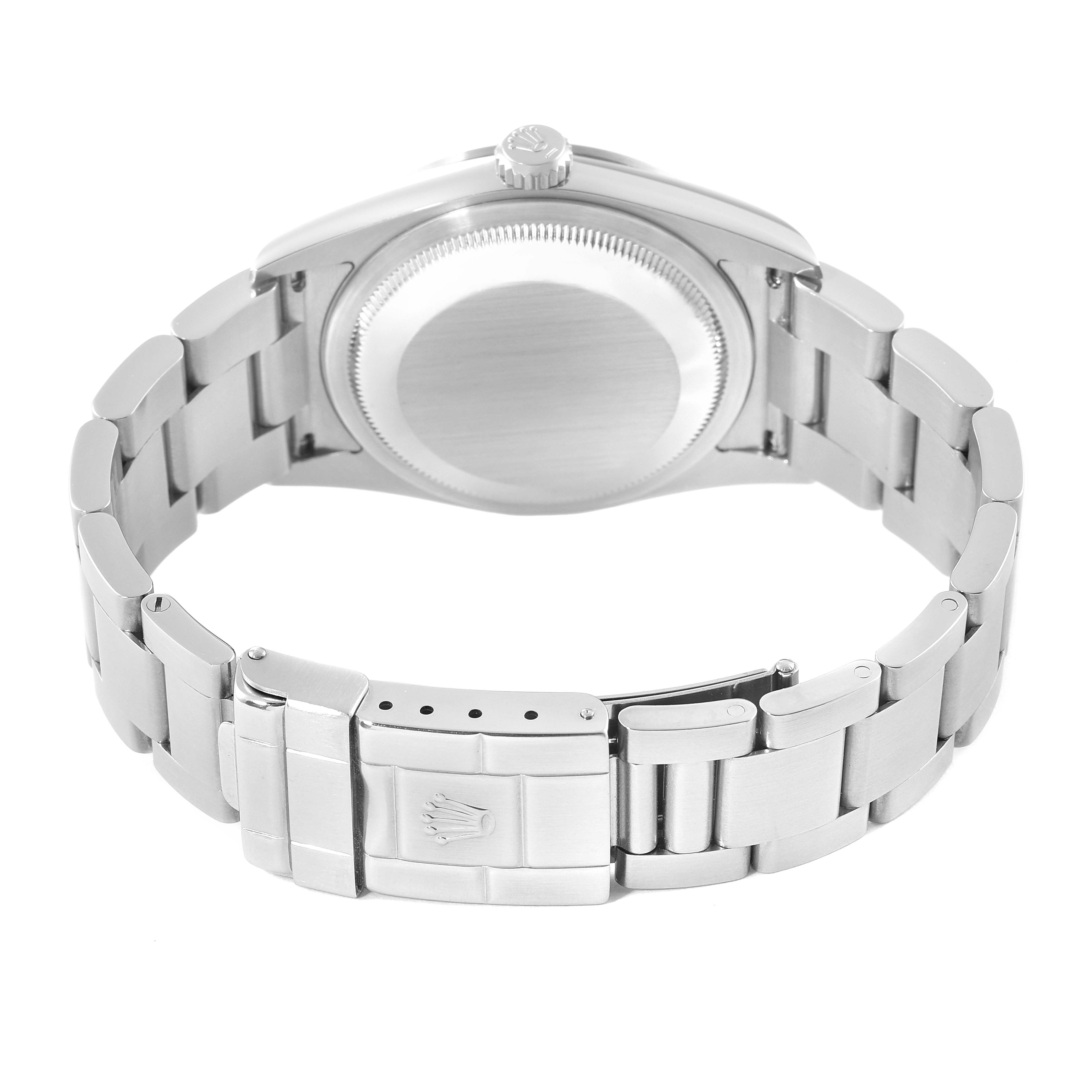 The image shows the back view of a Rolex Explorer 114270 Men
s Stainless Steel Black Dial 114270 Men
s Stainless Steel Black Dial watch, highlighting the case back and bracelet.