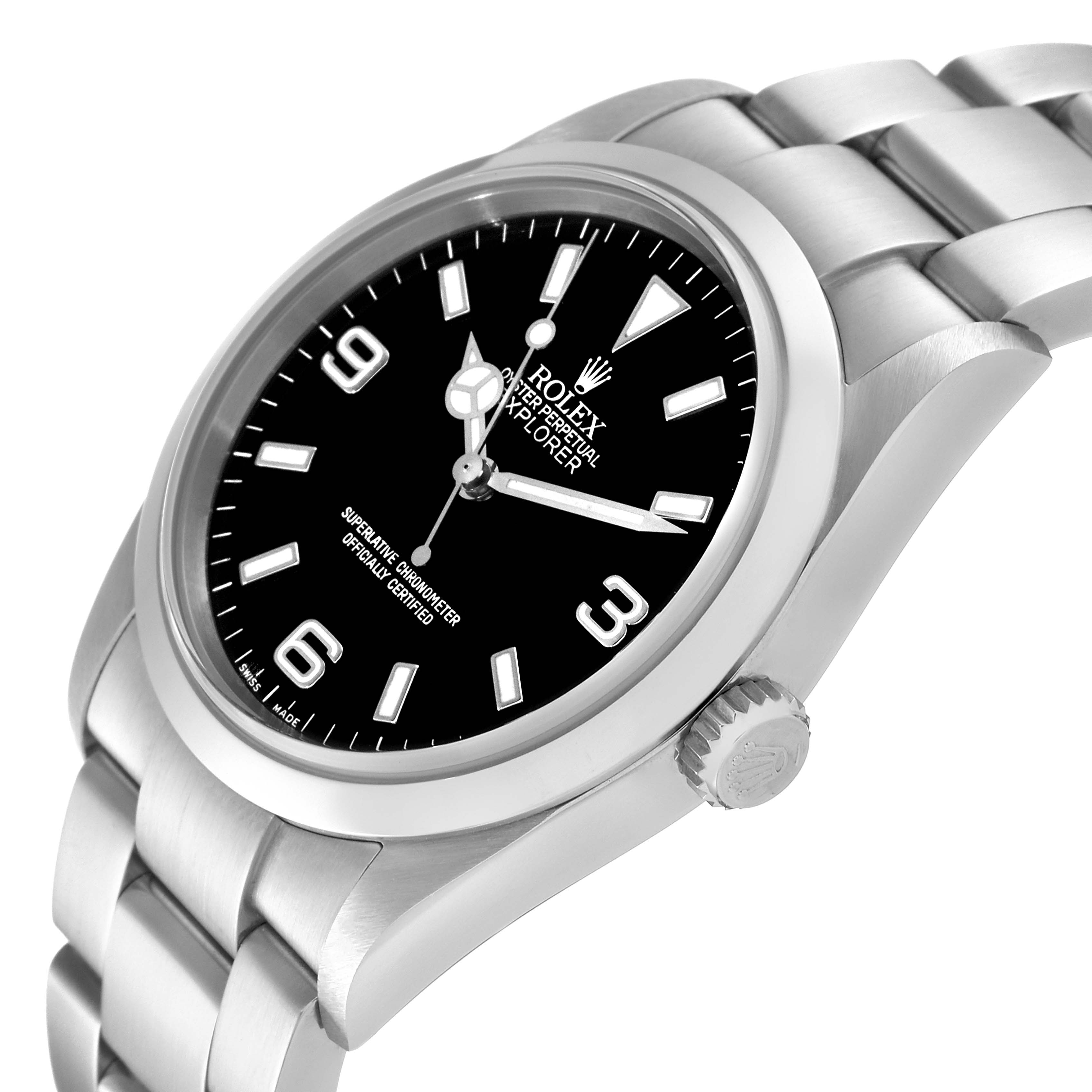 The image shows a side-angle view of a Rolex Explorer 114270 Men
s Stainless Steel Black Dial 114270 Men
s Stainless Steel Black Dial watch, highlighting its face, crown, and stainless steel bracelet.