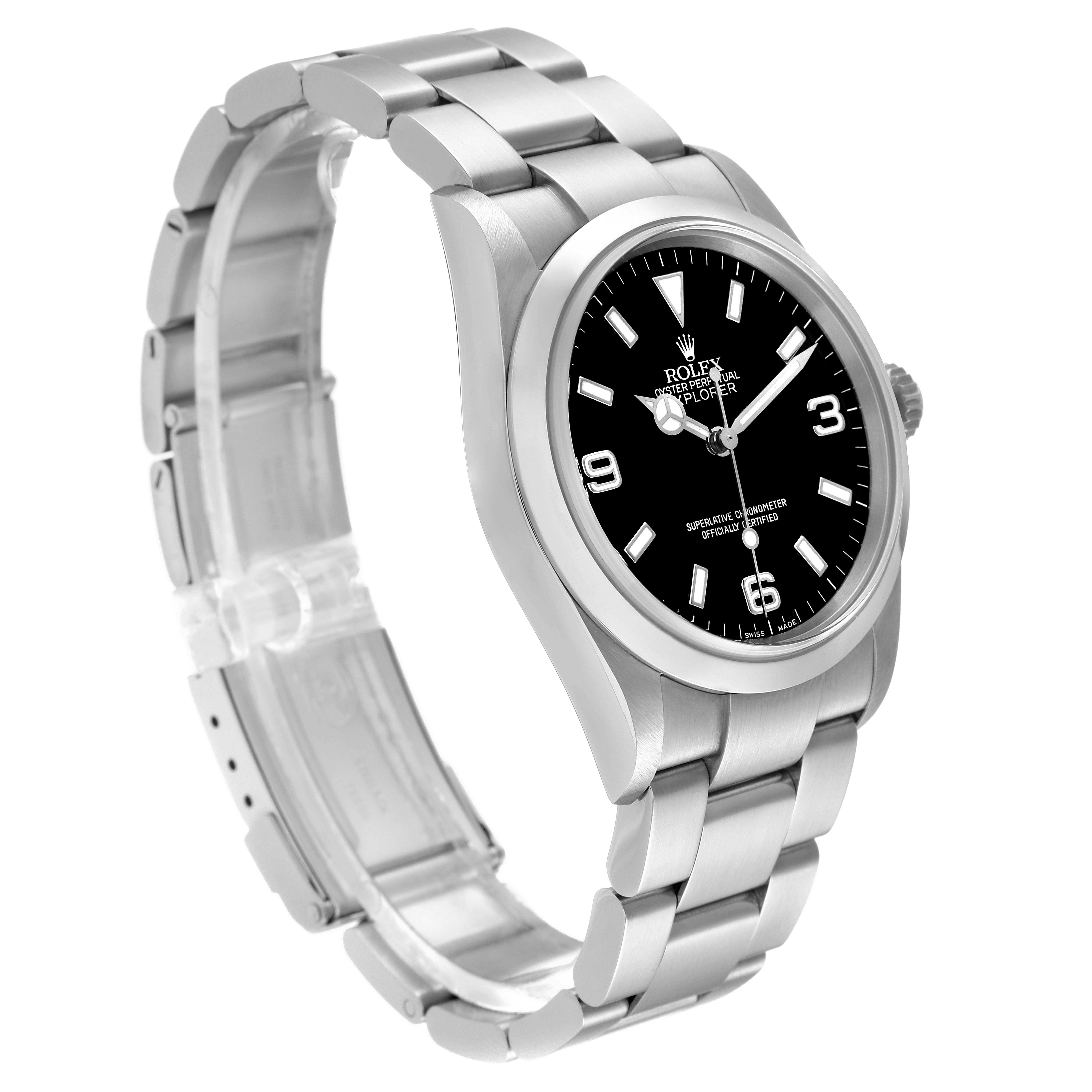 The Rolex Explorer 114270 Men
s Stainless Steel Black Dial 114270 Men
s Stainless Steel Black Dial watch is shown at an angle displaying its black dial, stainless steel case, and bracelet.