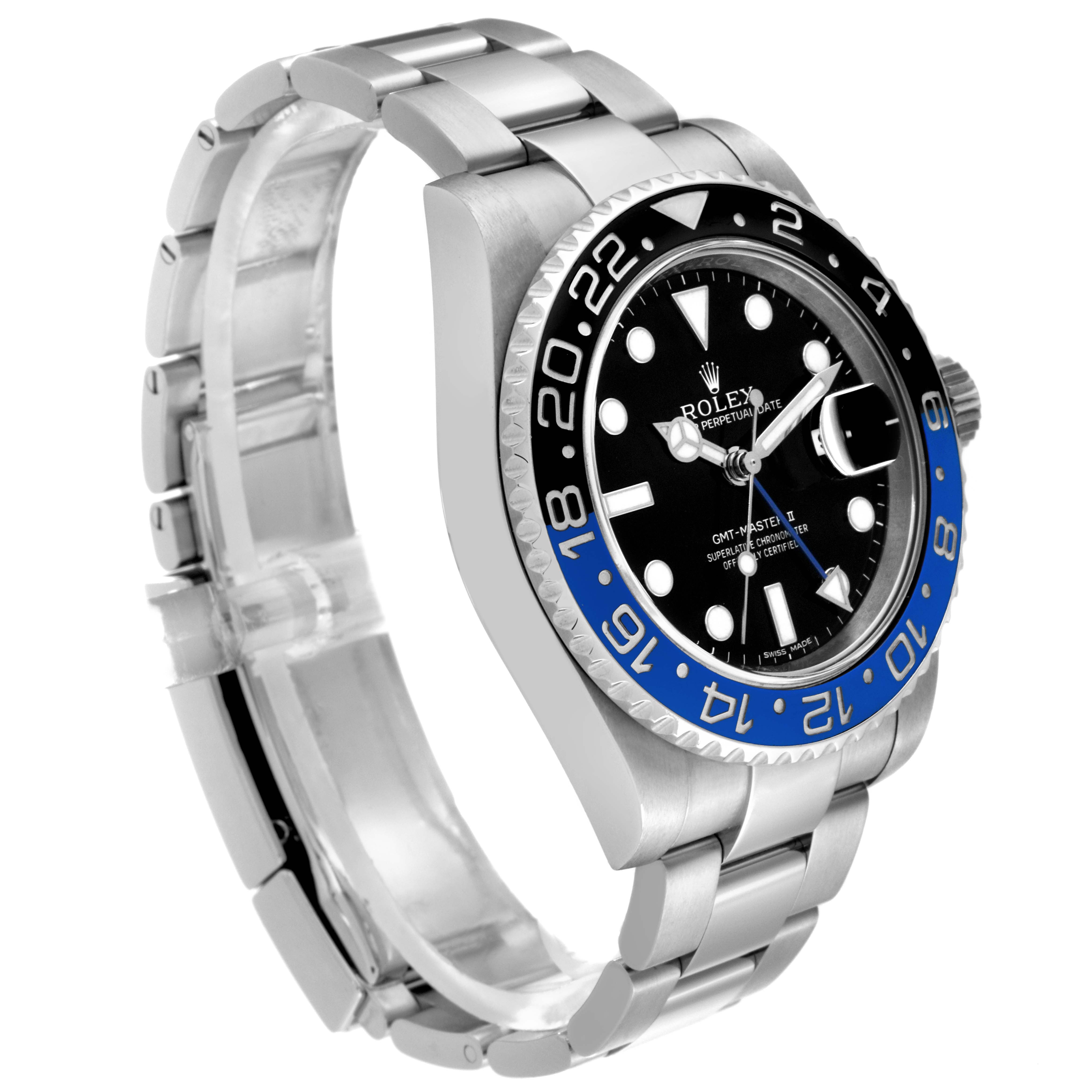 The Rolex GMT-Master 116710BLNR Men
s Stainless Steel Black Dial 116710BLNR Men
s Stainless Steel Black Dial watch is shown from a 3/4 angle, highlighting the dial, two-tone bezel, and stainless steel bracelet.