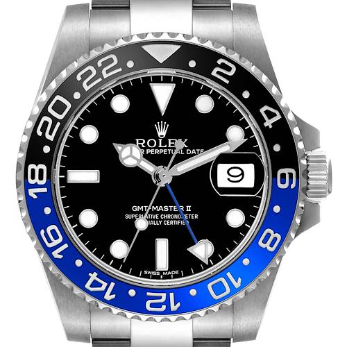 The image shows a front view of the Rolex GMT-Master II, highlighting its black and blue bezel and dial.