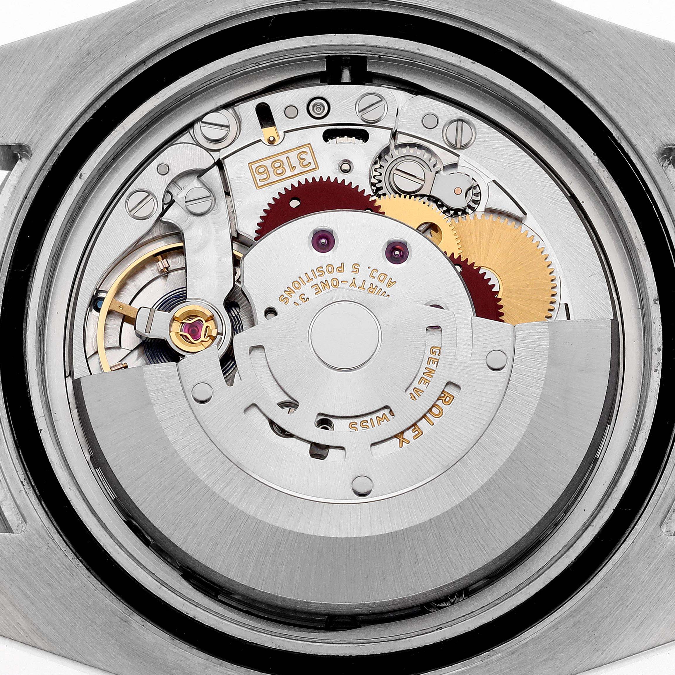 The image shows the intricate movement and mechanism of the Rolex GMT-Master 116710BLNR Men
s Stainless Steel Black Dial 116710BLNR Men
s Stainless Steel Black Dial watch from a top-down angle.