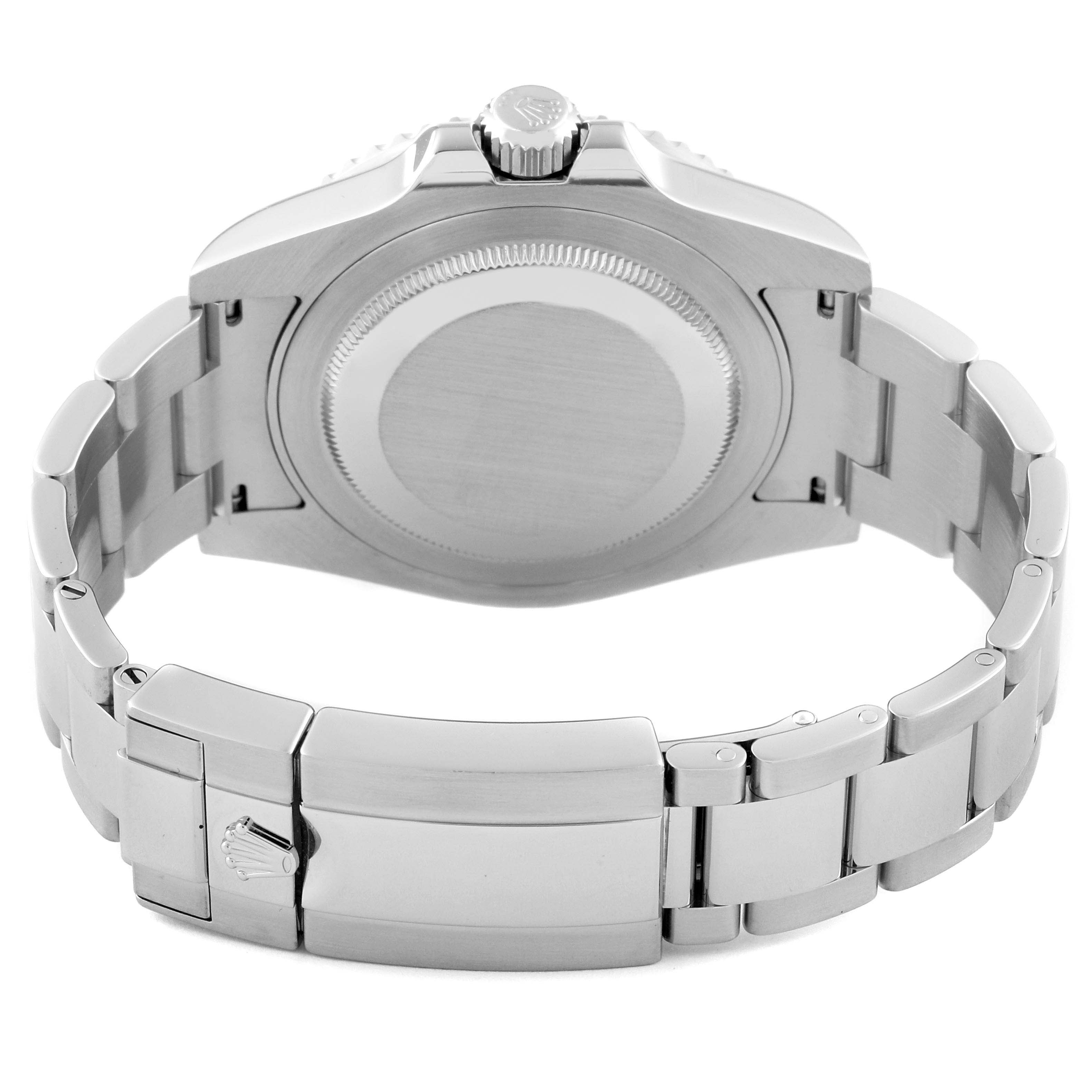 The image shows a rear view of a Rolex GMT-Master 116710BLNR Men
s Stainless Steel Black Dial 116710BLNR Men
s Stainless Steel Black Dial, highlighting the case back and bracelet with the clasp.