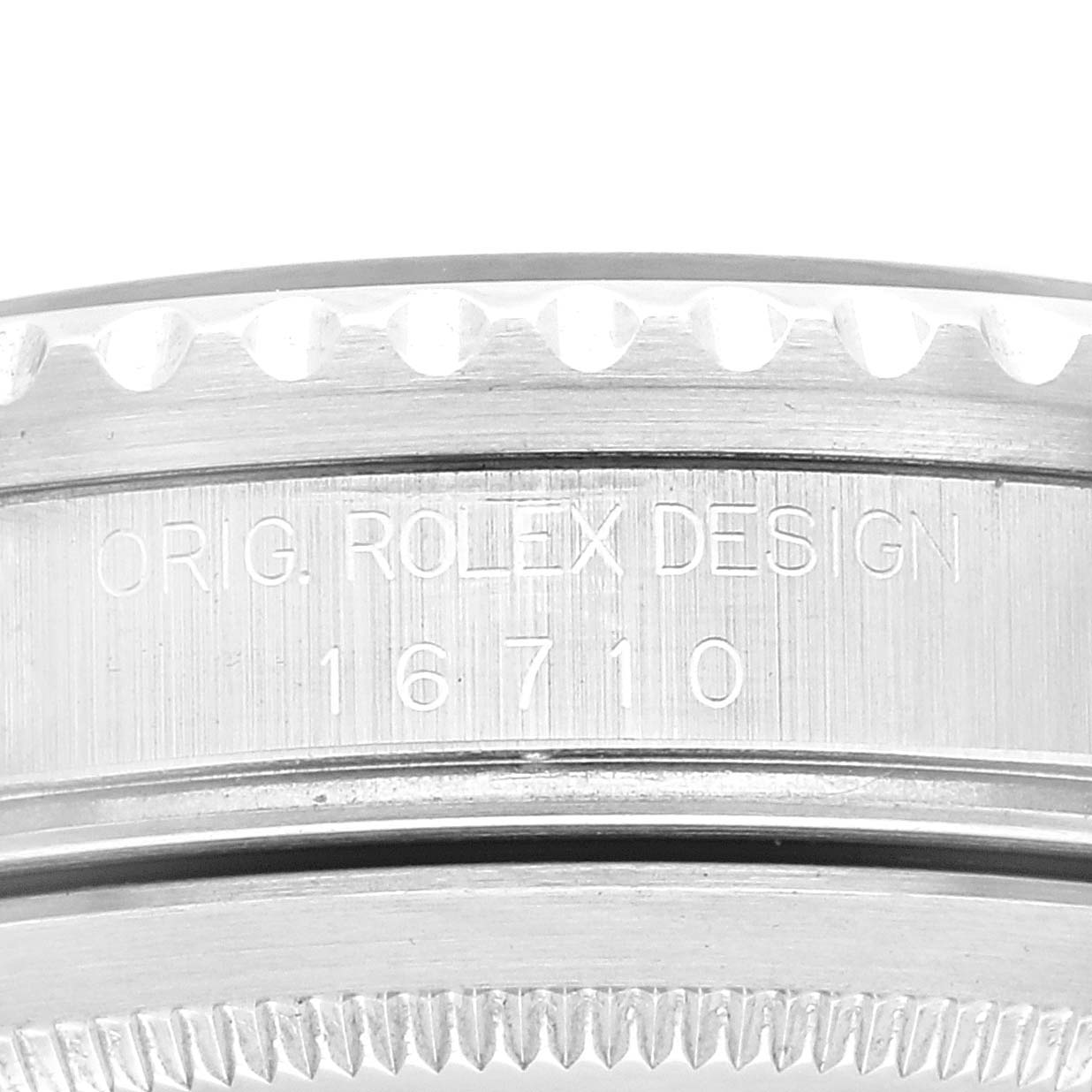 This image shows a close-up of the side of a Rolex GMT-Master 16710 Men
s Stainless Steel Black Dial 16710 Men
s Stainless Steel Black Dial model, displaying the case with the design number 16710.
