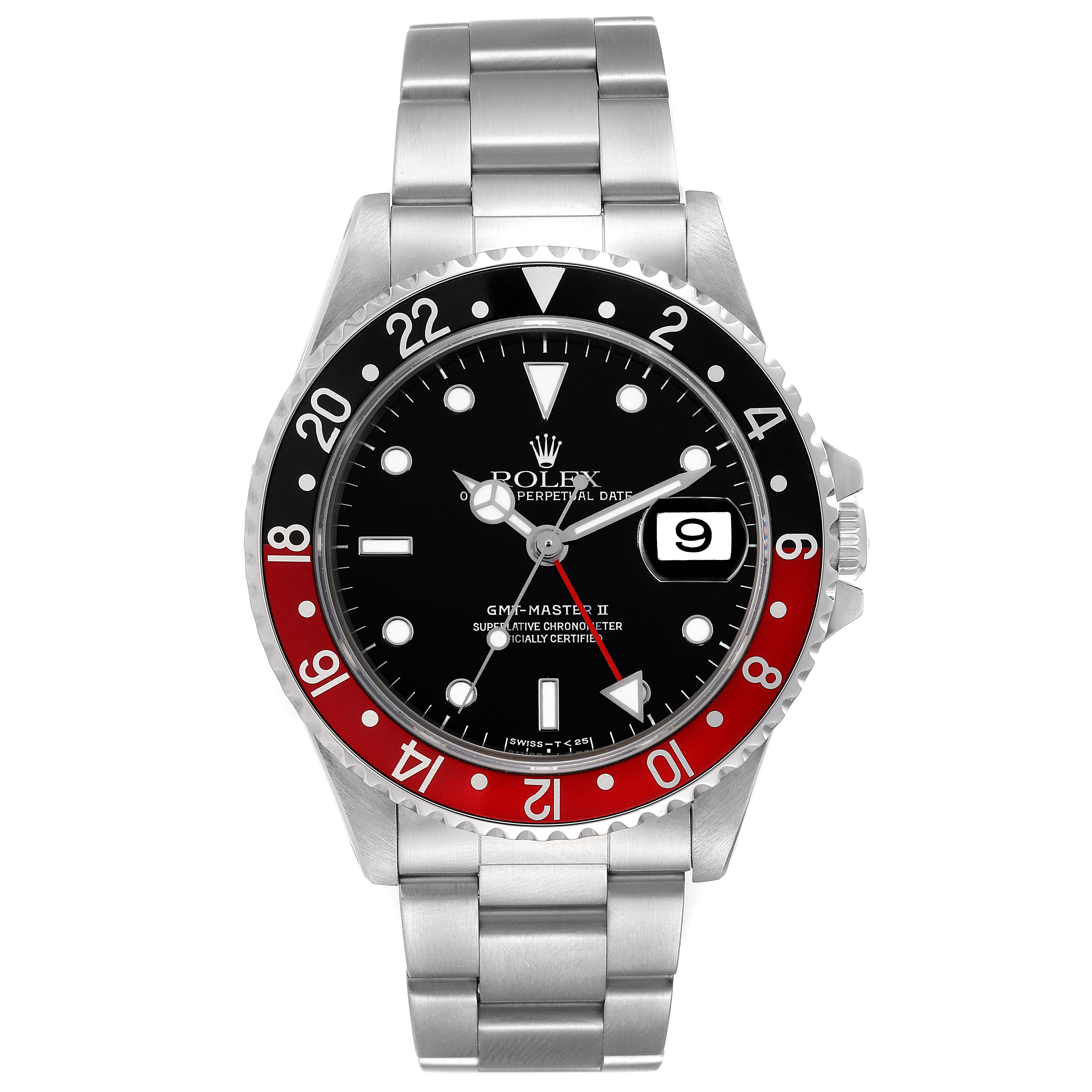 The image shows a front view of a Rolex GMT-Master 16710 Men
s Stainless Steel Black Dial 16710 Men
s Stainless Steel Black Dial II watch, highlighting the bezel, dial, and bracelet.