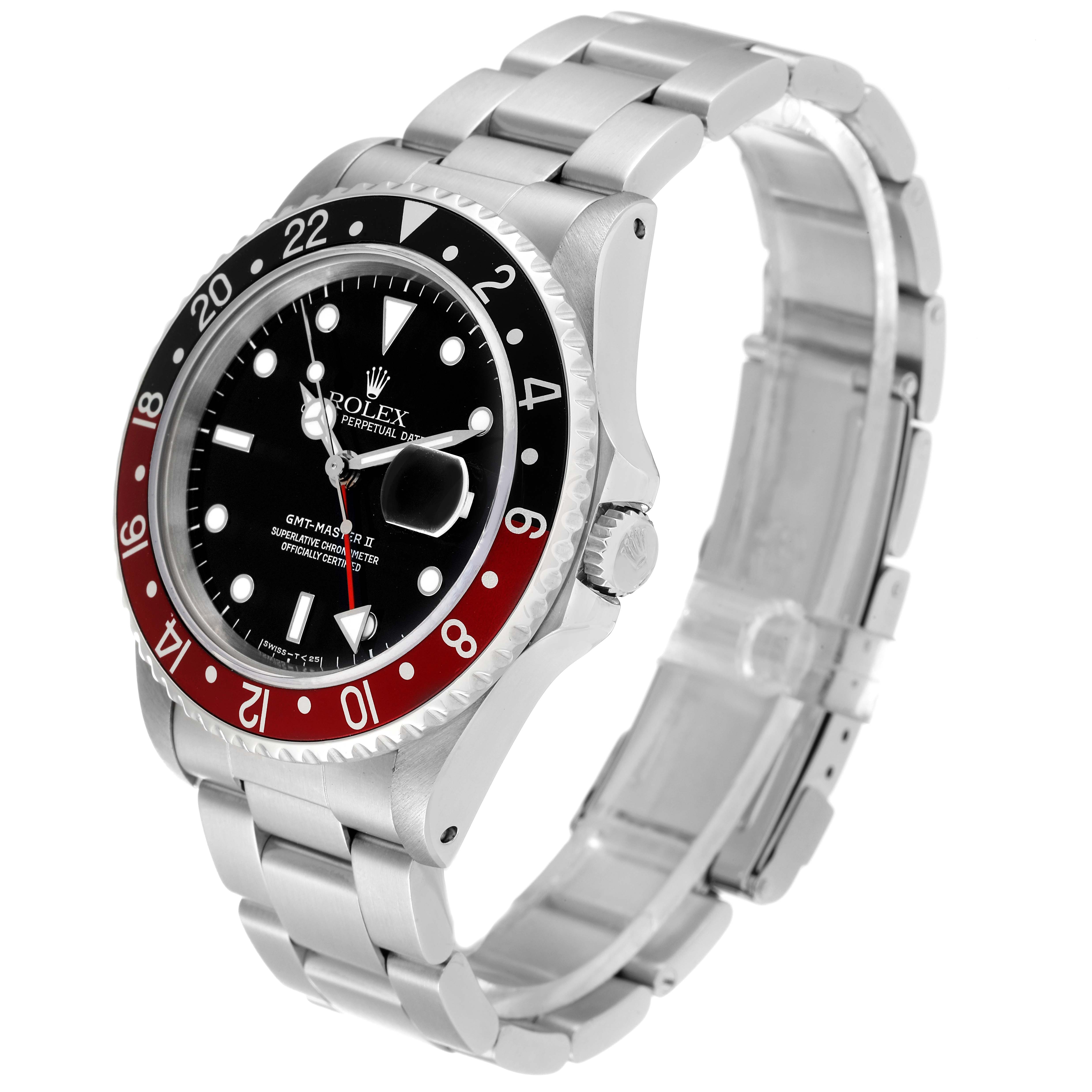 The image shows the Rolex GMT-Master 16710 Men
s Stainless Steel Black Dial 16710 Men
s Stainless Steel Black Dial II watch from a front-left angle, displaying the face, bezel, crown, and bracelet.