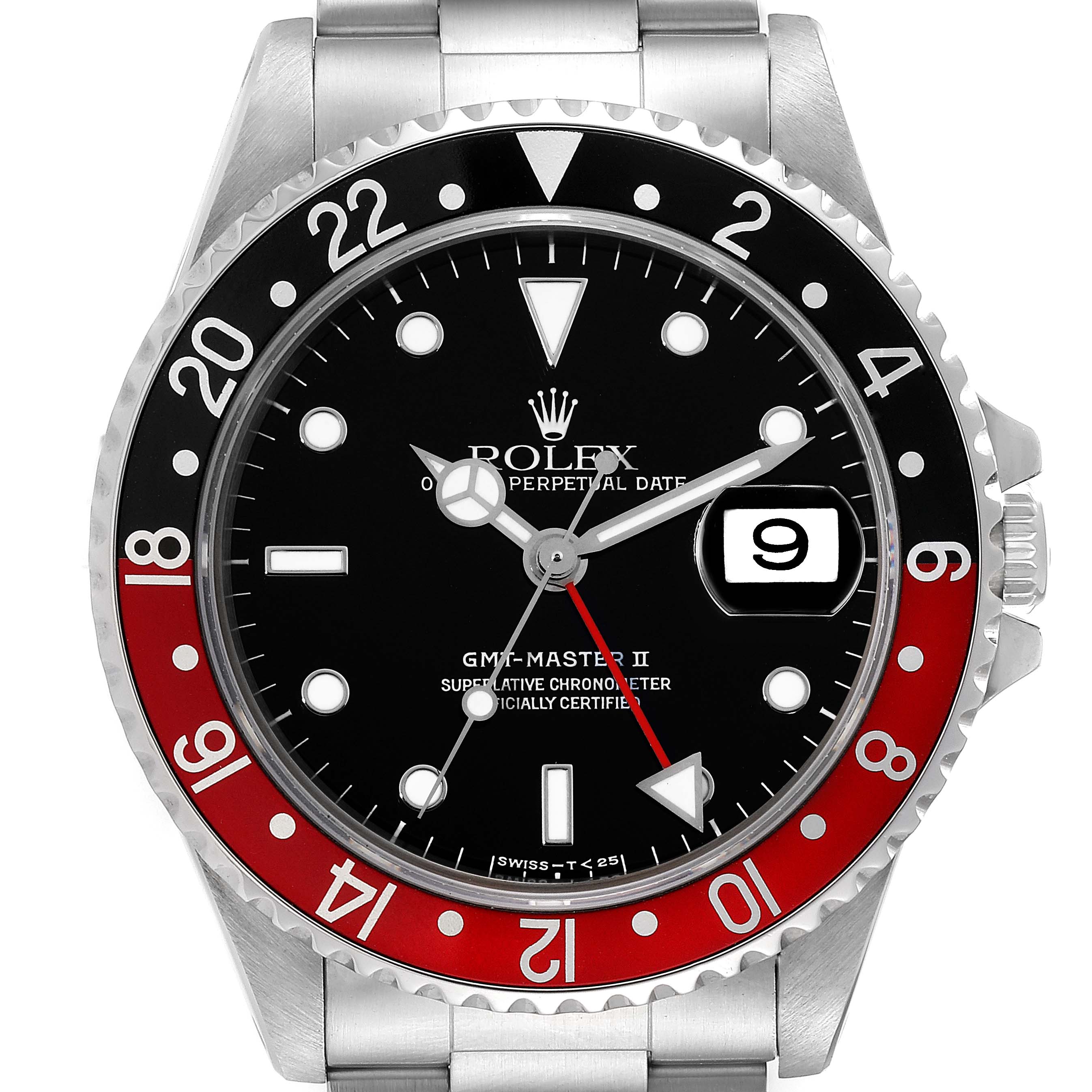 The image shows a front view of the Rolex GMT-Master 16710 Men
s Stainless Steel Black Dial 16710 Men
s Stainless Steel Black Dial II watch, highlighting the dial, bezel, and part of the bracelet.