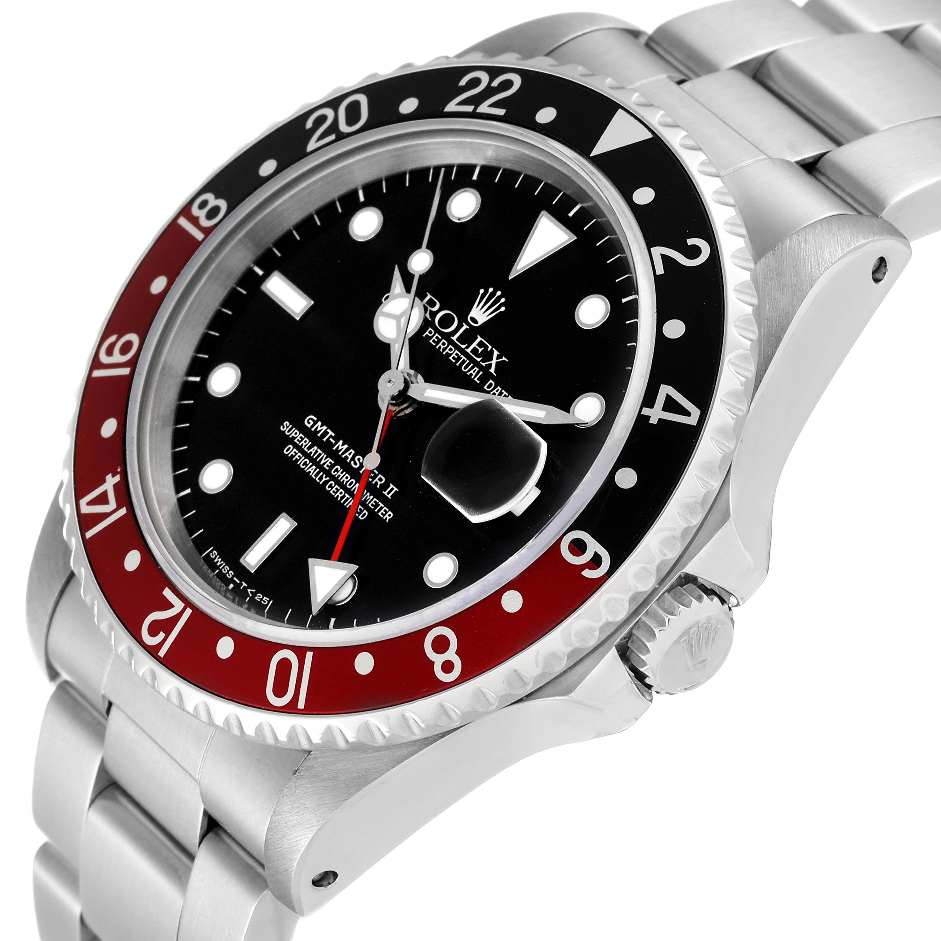 This image shows a close-up angle of the Rolex GMT-Master 16710 Men
s Stainless Steel Black Dial 16710 Men
s Stainless Steel Black Dial II, focusing on its bezel, dial, crown, and part of the bracelet.