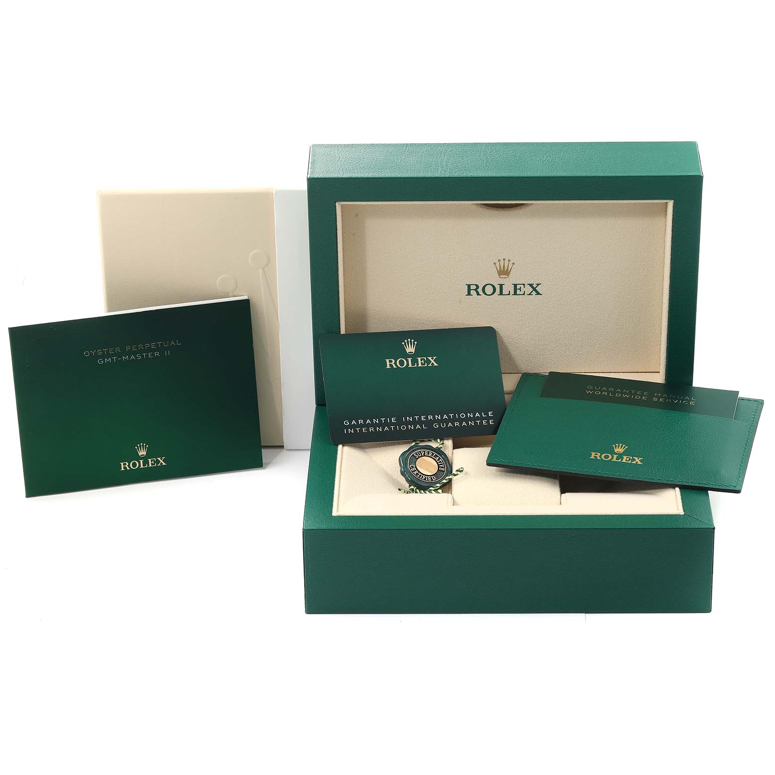The image shows the box and warranty card set for a Rolex GMT-Master 126720VTNR-0001 Men's Stainless Steel Black Dial 126720VTNR-0001 Men's Stainless Steel Black Dial watch, including manuals and an international guarantee card.
