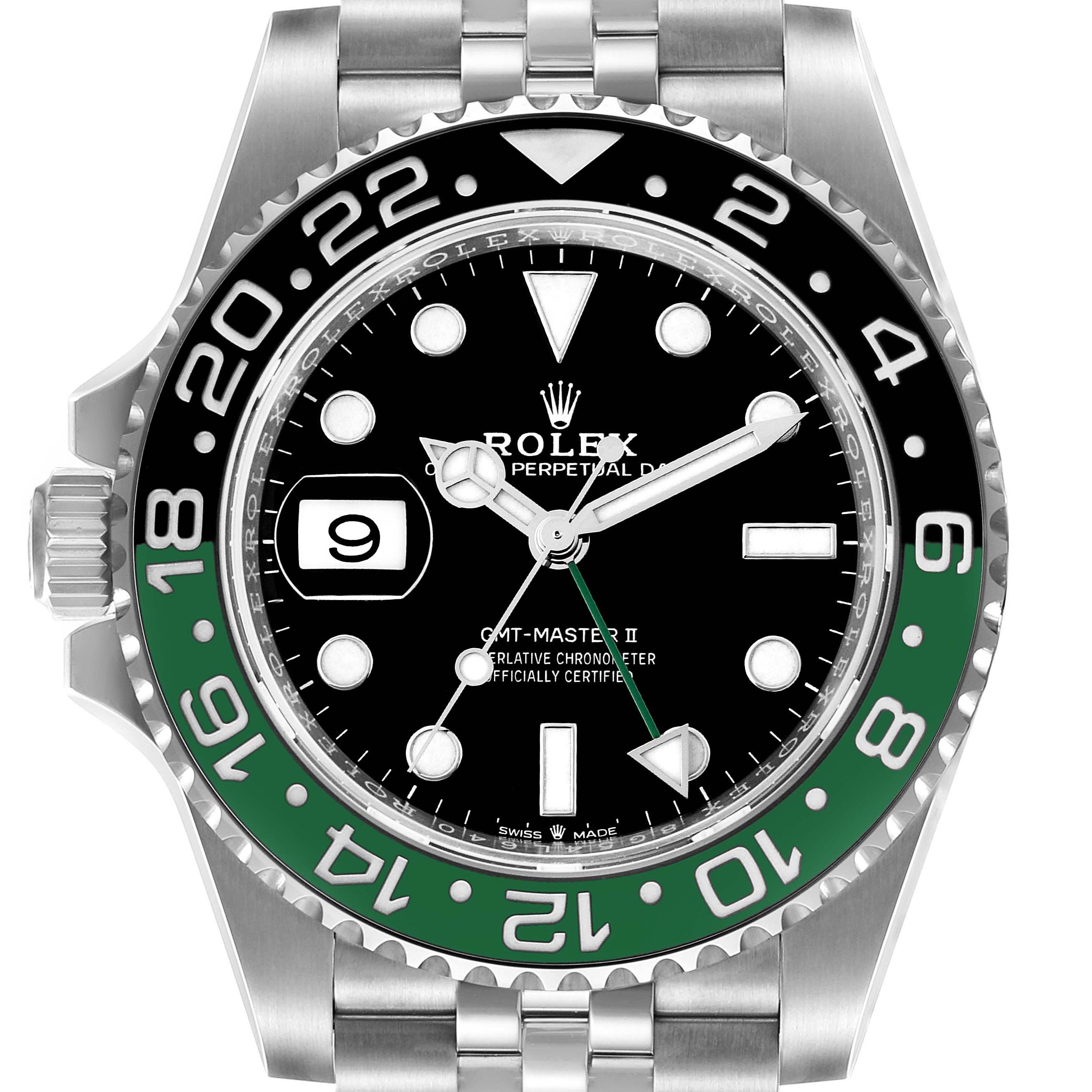 The image shows a close-up view of the Rolex GMT-Master 126720VTNR-0001 Men's Stainless Steel Black Dial 126720VTNR-0001 Men's Stainless Steel Black Dial II watch, highlighting the dial, date, bezel, and part of the bracelet.