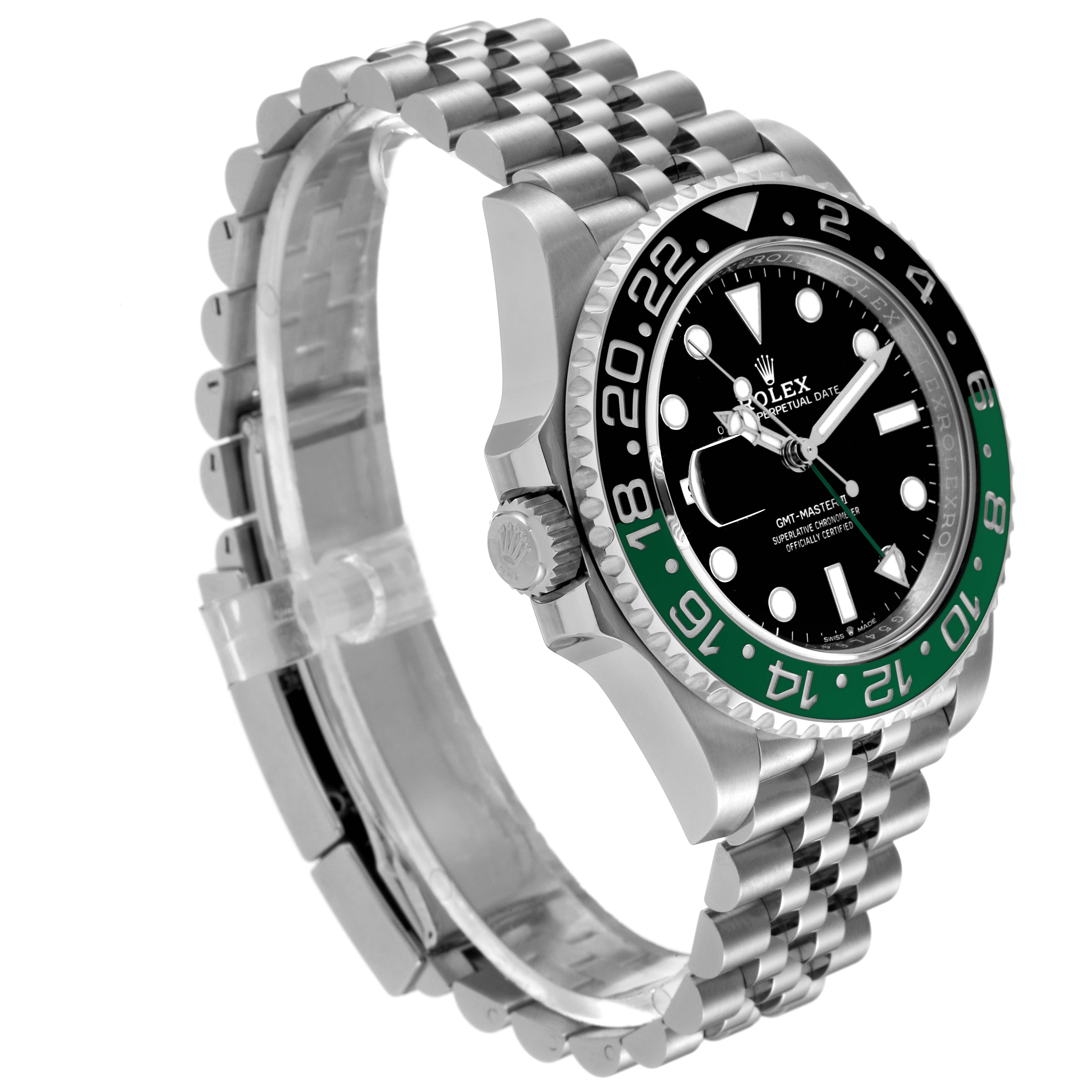 The Rolex GMT-Master 126720VTNR-0001 Men's Stainless Steel Black Dial 126720VTNR-0001 Men's Stainless Steel Black Dial watch shown here is at an angle highlighting its bezel, face, crown, and part of its bracelet.