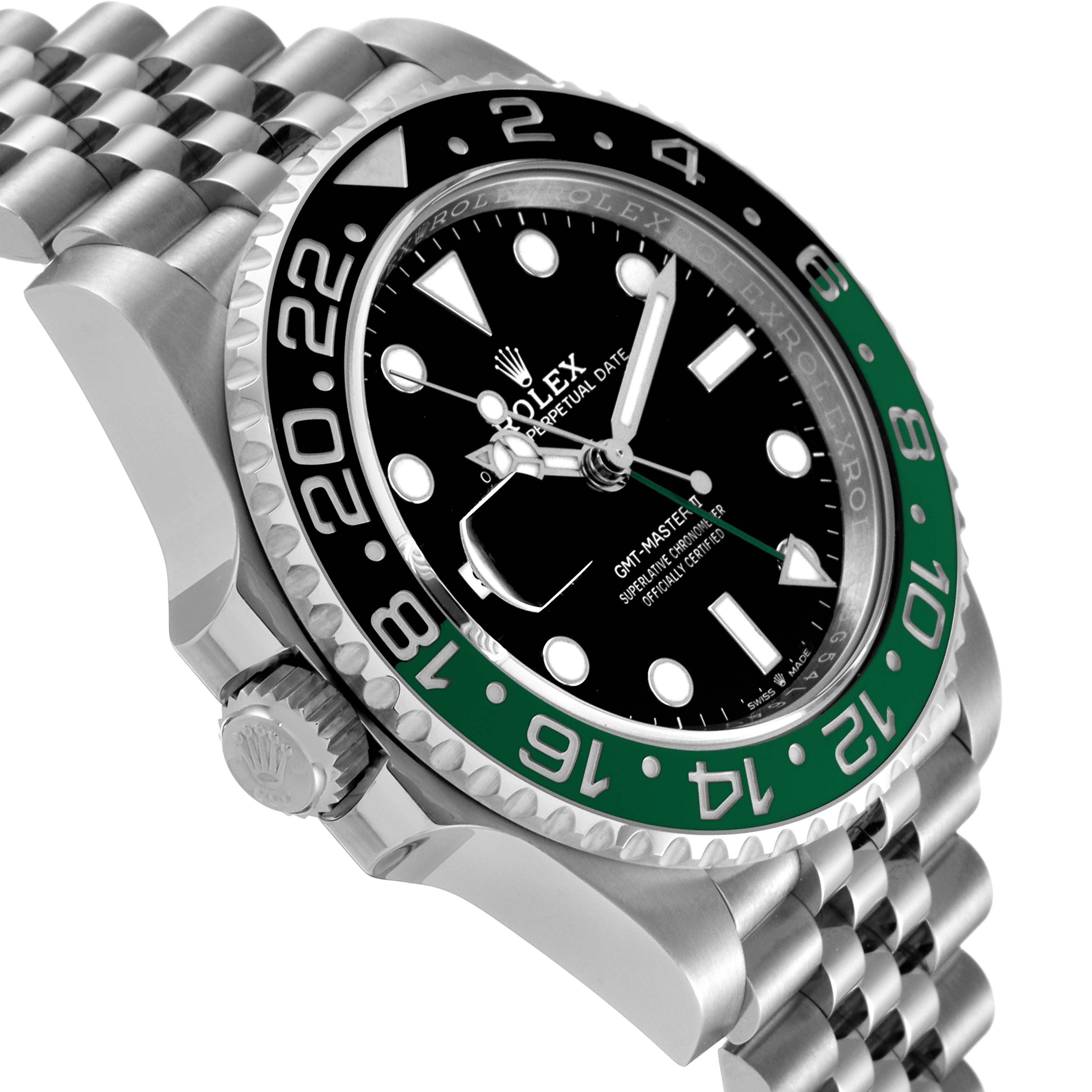 This image shows a close-up side angle of the Rolex GMT-Master 126720VTNR-0001 Men's Stainless Steel Black Dial 126720VTNR-0001 Men's Stainless Steel Black Dial watch, highlighting the bezel, dial, and bracelet.