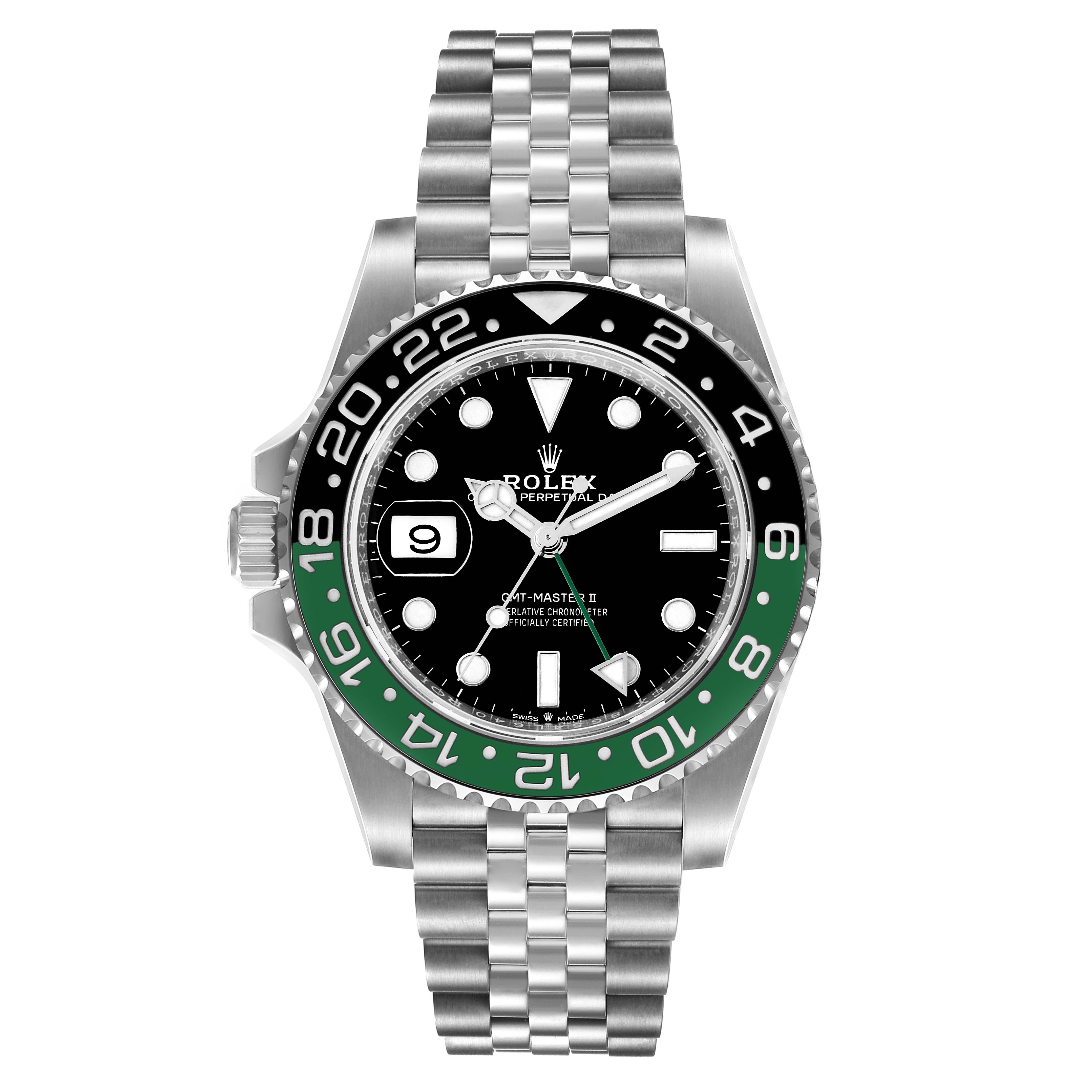 The Rolex GMT-Master 126720VTNR-0001 Men's Stainless Steel Black Dial 126720VTNR-0001 Men's Stainless Steel Black Dial watch is shown from the front, displaying the face, bezel, crown, and bracelet.