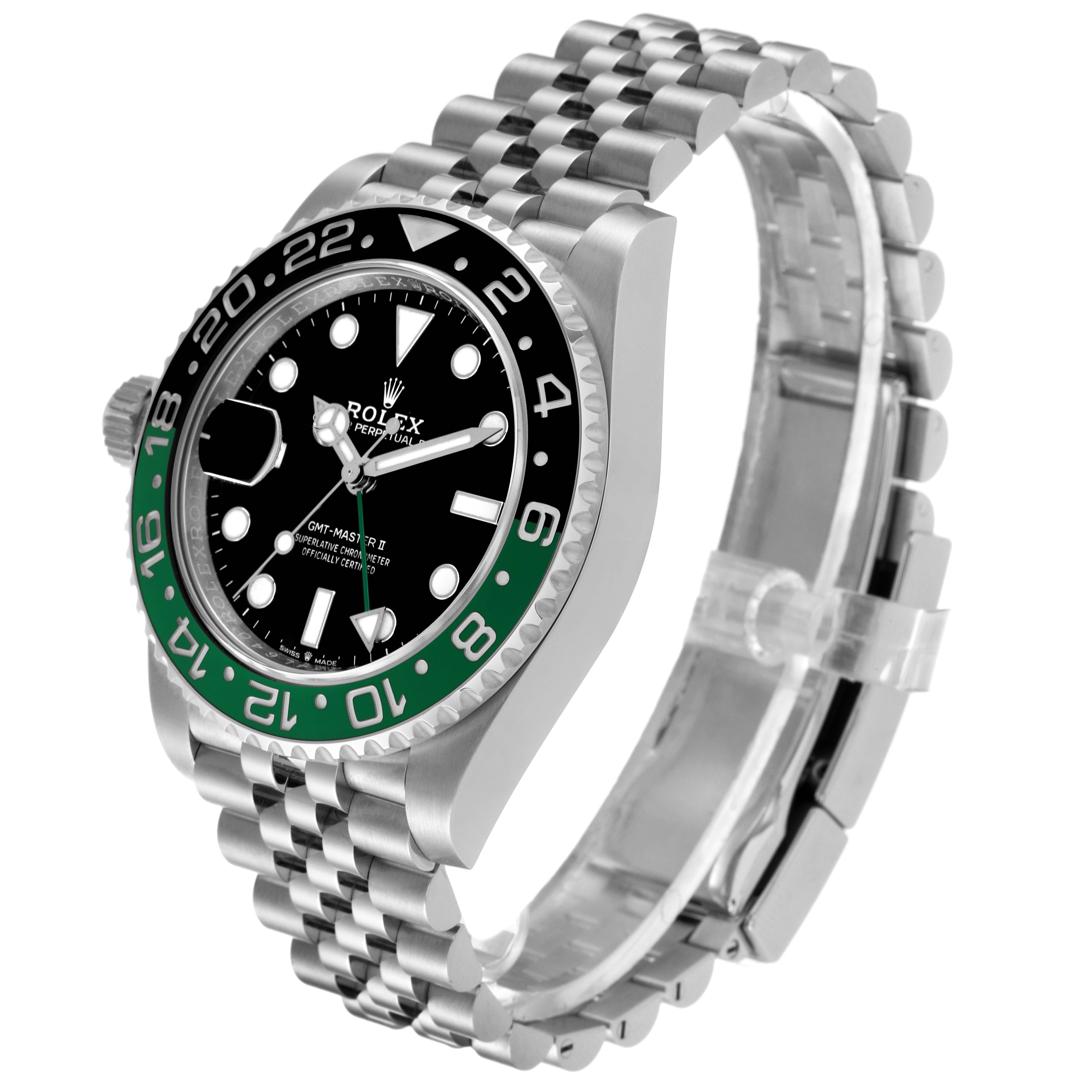 The Rolex GMT-Master 126720VTNR-0001 Men's Stainless Steel Black Dial 126720VTNR-0001 Men's Stainless Steel Black Dial watch is shown at an angle highlighting its face, bezel, and jubilee bracelet.