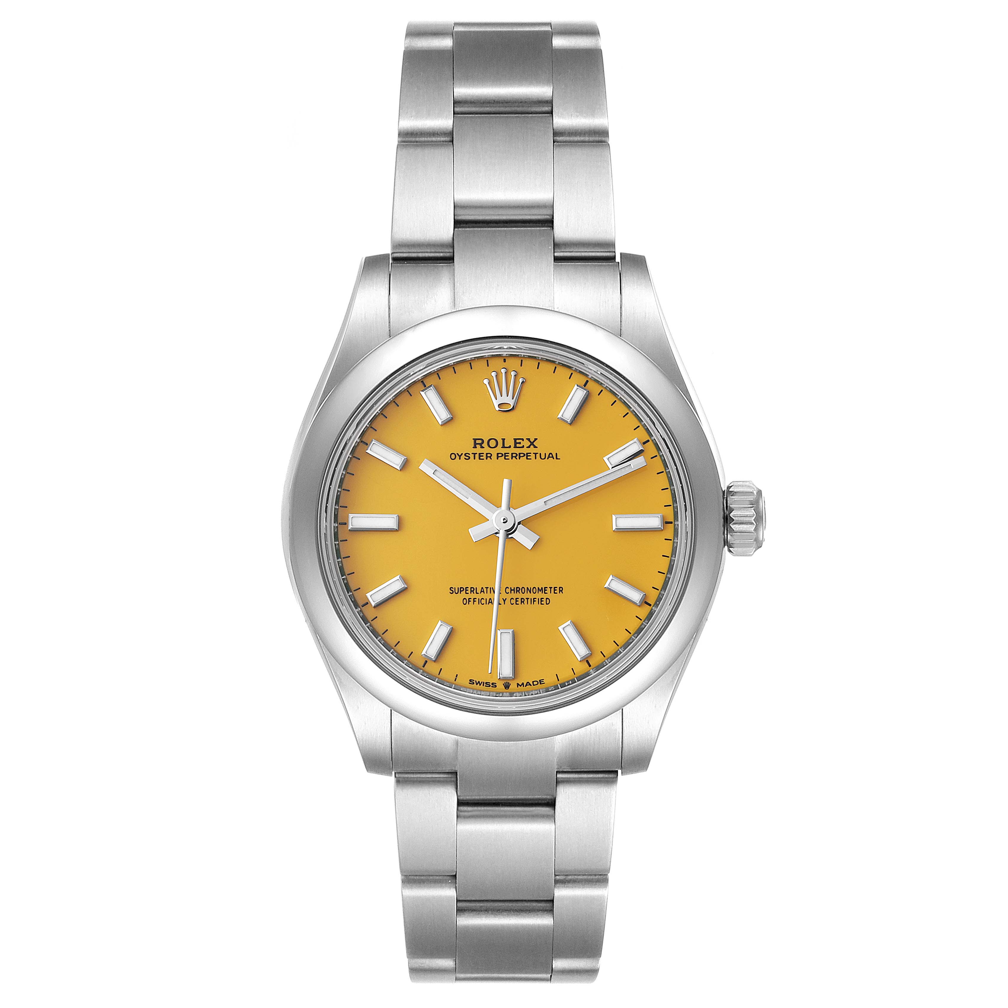 The image shows a front view of a Rolex Mid-Size 277200 Women's Stainless Steel Yellow Dial 277200 Women's Stainless Steel Yellow Dial Oyster Perpetual watch with a yellow dial and stainless steel bracelet.