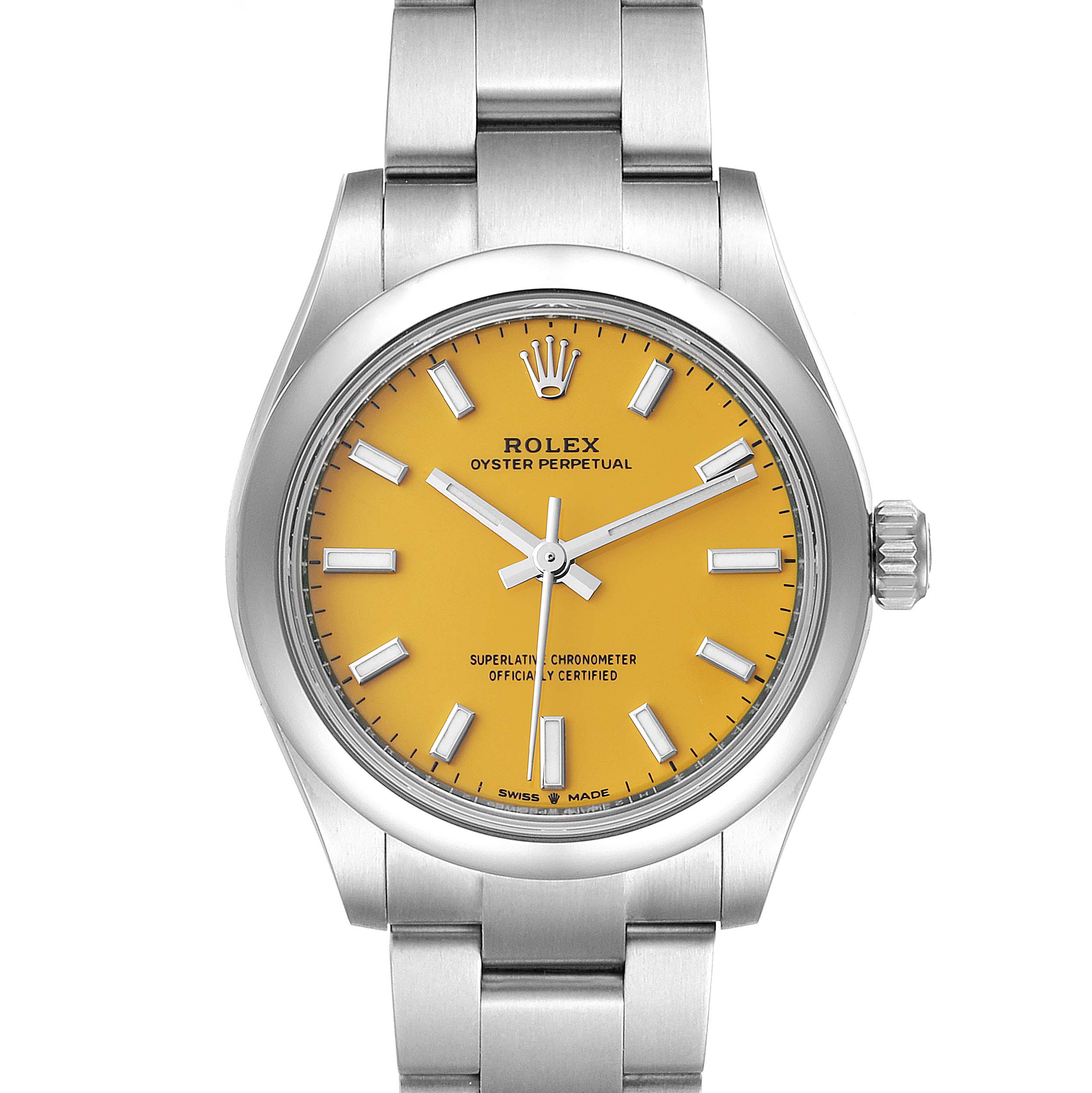 The image shows a front view of a Rolex Oyster Perpetual Mid-Size watch with a yellow dial and silver bracelet.