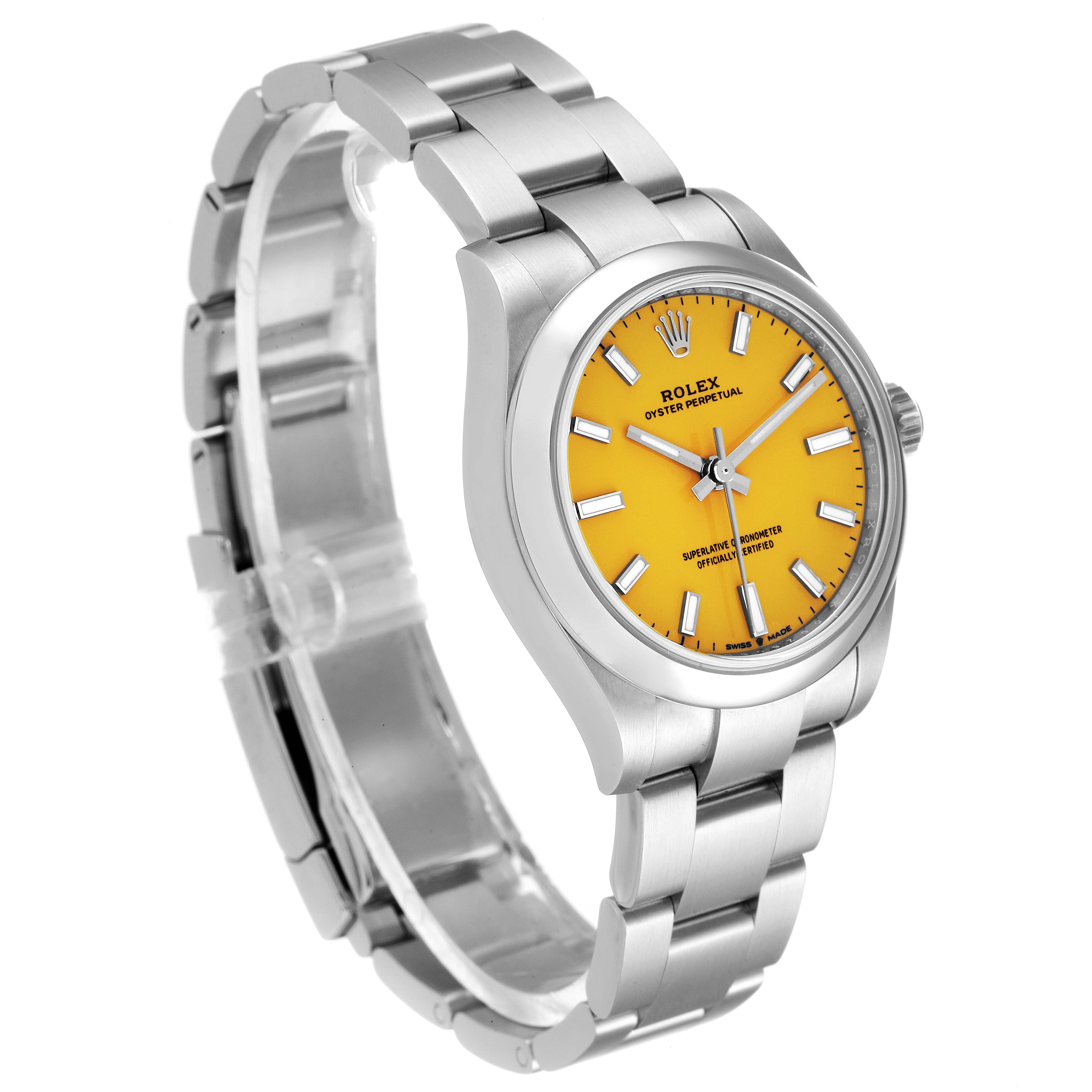 This image shows a side-angle view of a Mid-Size Rolex Oyster Perpetual watch with a yellow dial and stainless steel bracelet.