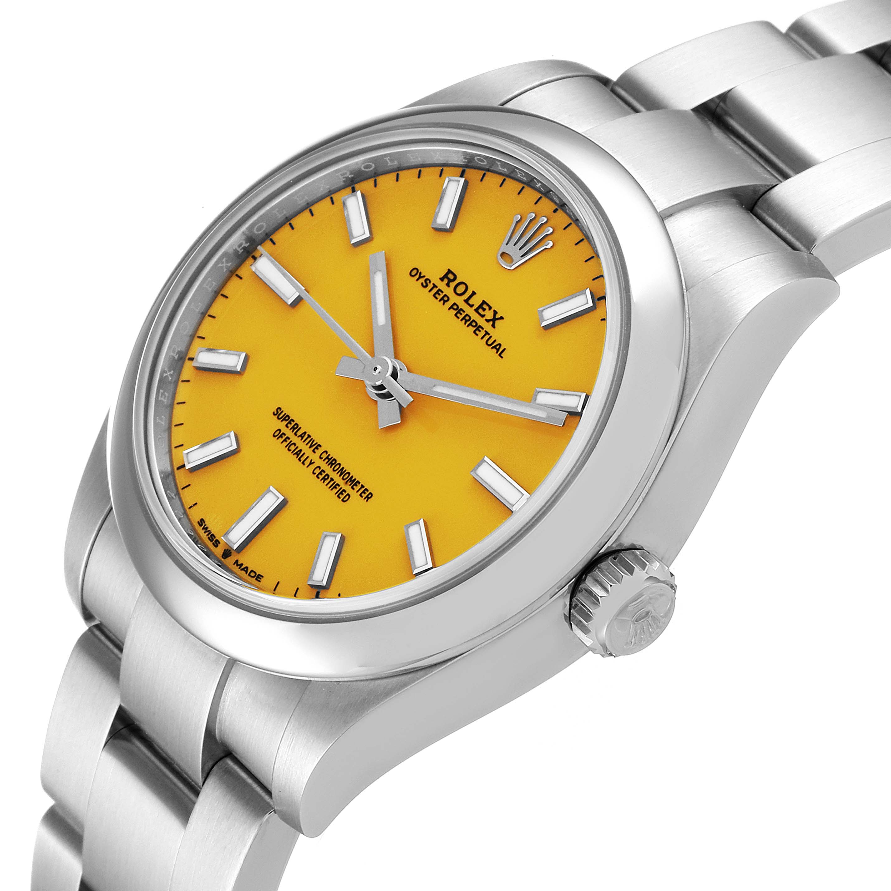 This image shows a Rolex Oyster Perpetual Mid-Size watch from a slight side angle, highlighting the yellow dial, crown, and part of the bracelet.