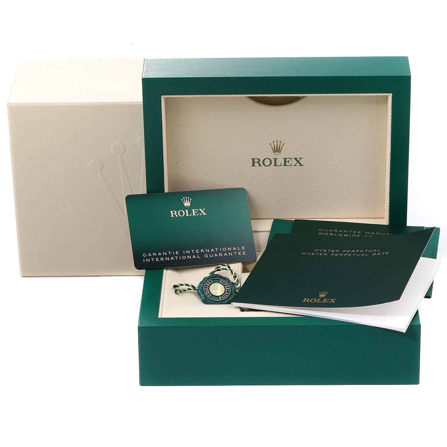 The image shows the packaging, papers, and tags for a Rolex Mid-Size 277200 Women's Stainless Steel Yellow Dial 277200 Women's Stainless Steel Yellow Dial watch, including the box, guarantee card, and booklets.