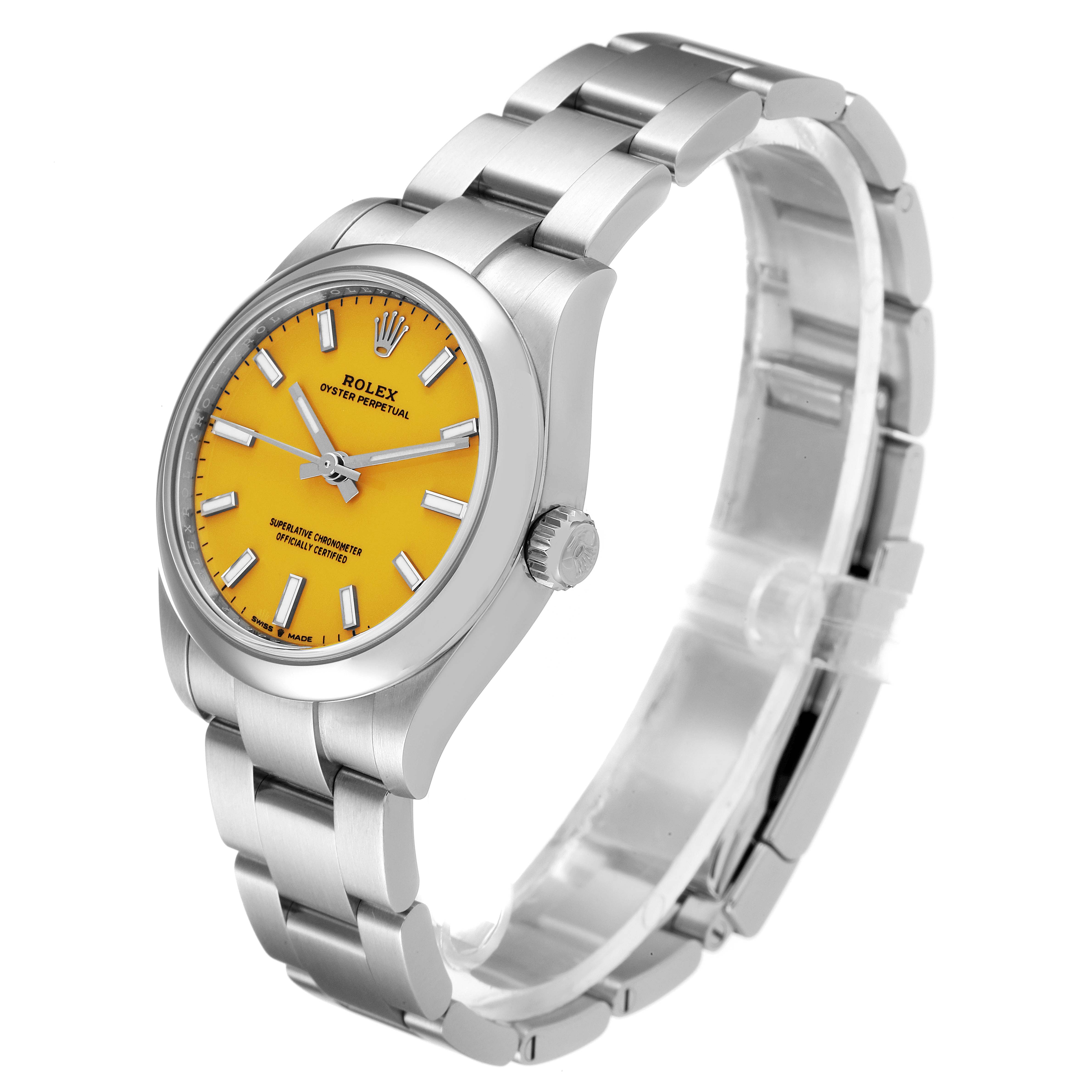 This image shows a Rolex Mid-Size 277200 Women's Stainless Steel Yellow Dial 277200 Women's Stainless Steel Yellow Dial Oyster Perpetual watch angled to display the face, case, and bracelet.