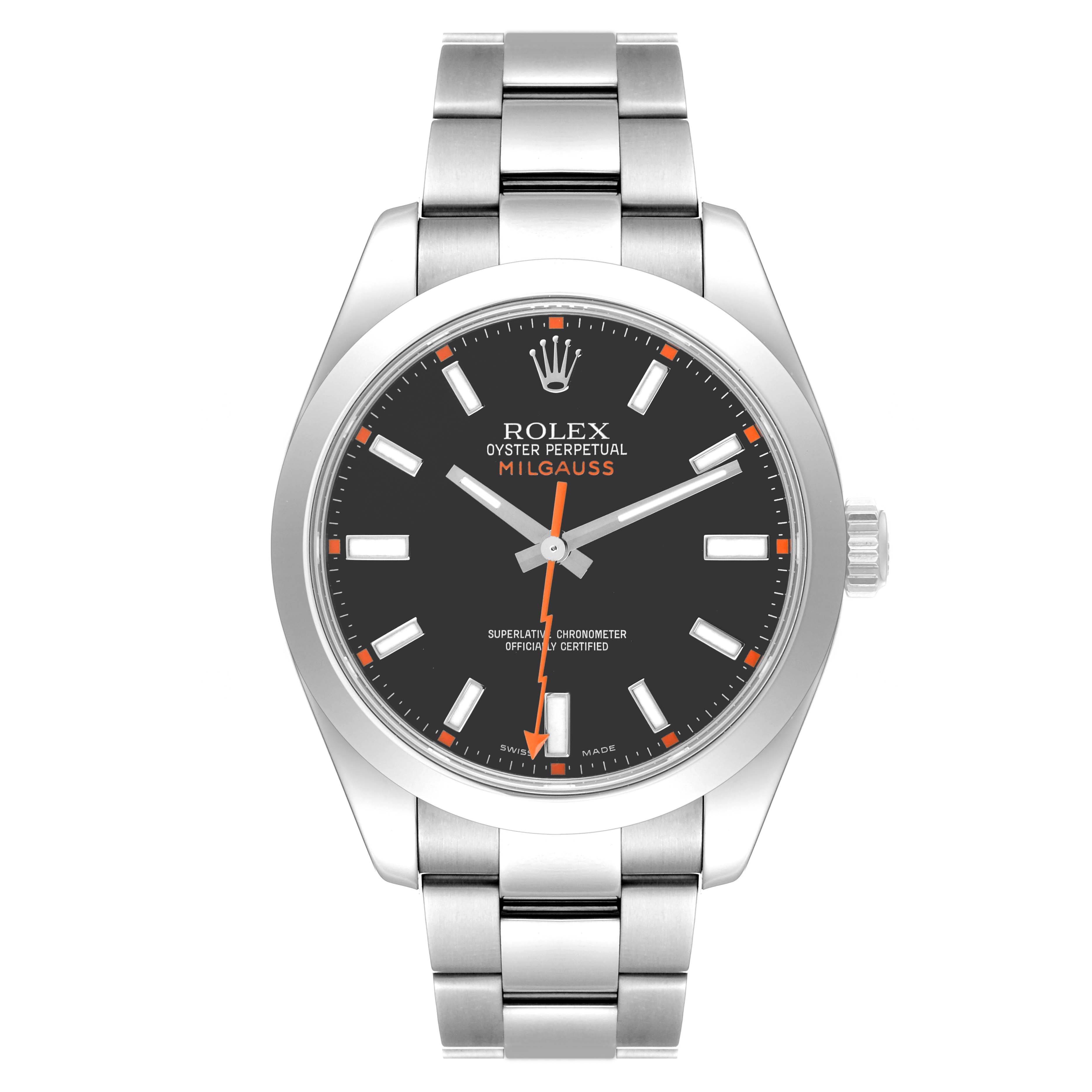 The Rolex Milgauss 116400 Men's Stainless Steel Black Dial 116400 Men's Stainless Steel Black Dial watch is shown from the front, highlighting the face, markers, hands, and bracelet.