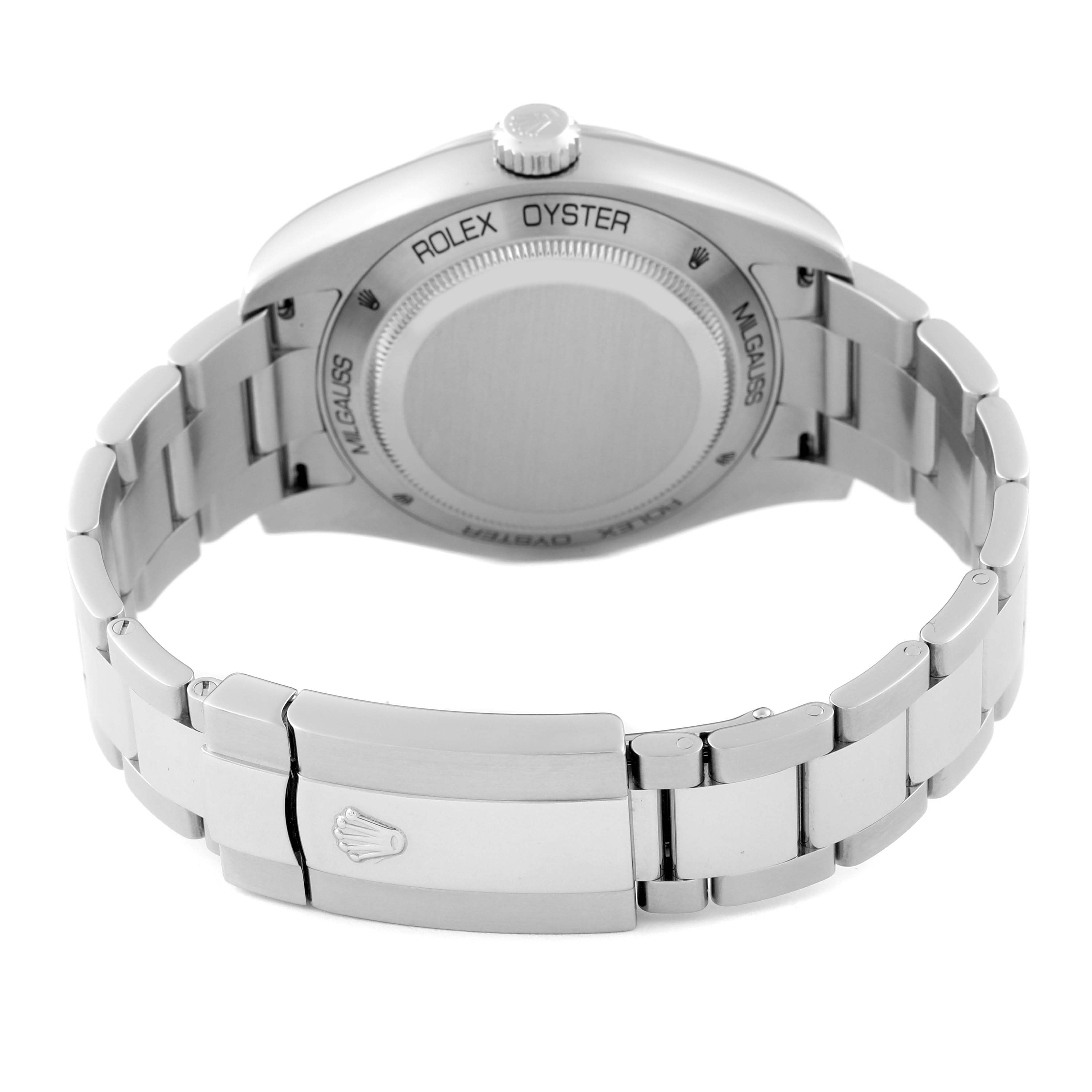 The image shows the back and bracelet of the Rolex Milgauss 116400 Men's Stainless Steel Black Dial 116400 Men's Stainless Steel Black Dial watch, highlighting its Oyster clasp and engraved case back.