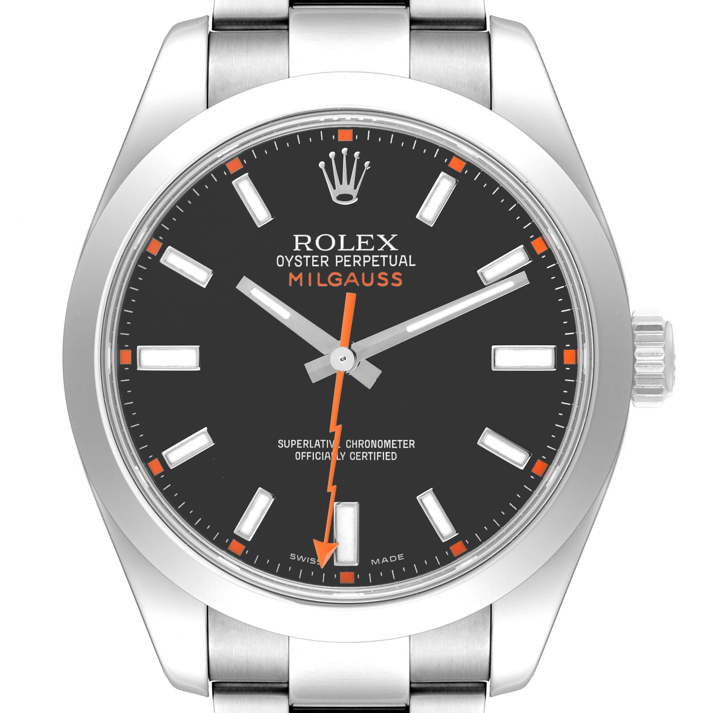The Rolex Milgauss 116400 Men's Stainless Steel Black Dial 116400 Men's Stainless Steel Black Dial watch is shown from a frontal angle, displaying the face, dial, crown, and band.