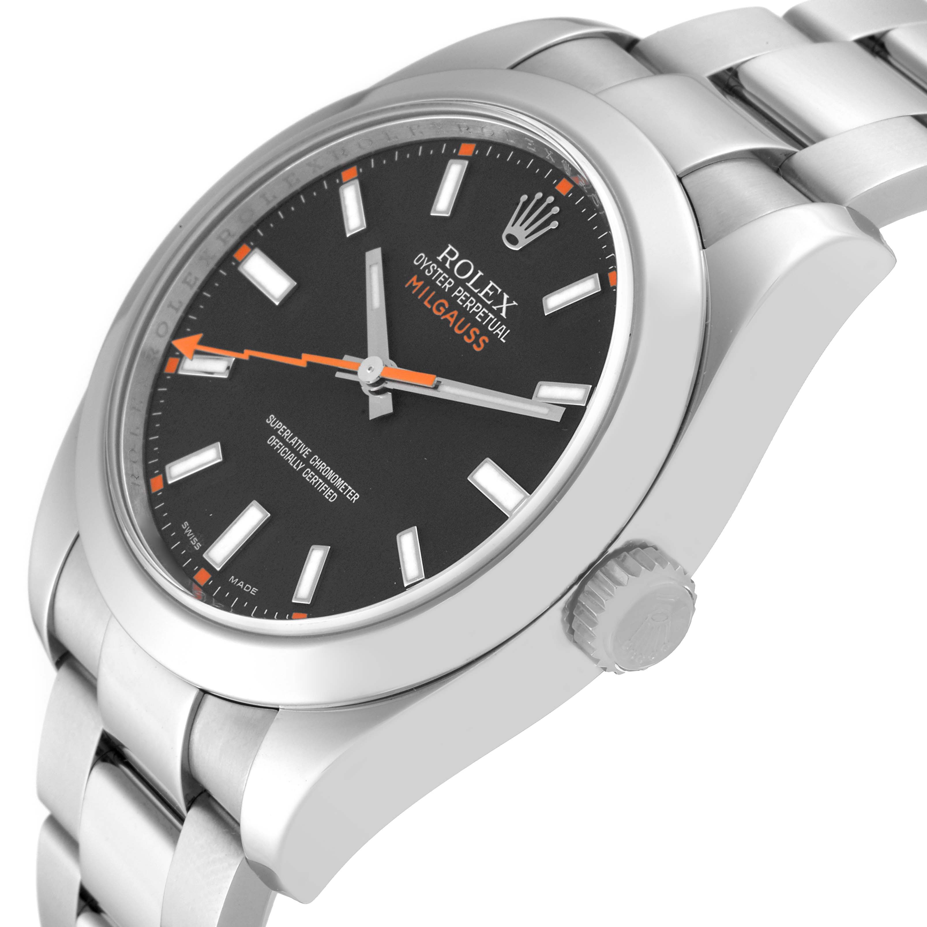 The Rolex Milgauss 116400 Men's Stainless Steel Black Dial 116400 Men's Stainless Steel Black Dial watch is shown at a tilted side angle, highlighting the face, crown, and bracelet.