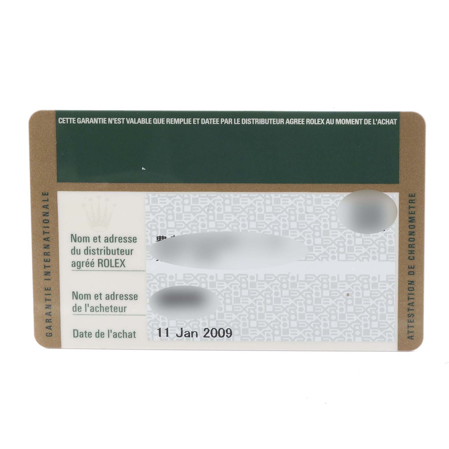 The image shows a Rolex Milgauss 116400 Men's Stainless Steel Black Dial 116400 Men's Stainless Steel Black Dial warranty card with purchase details and dealer information.