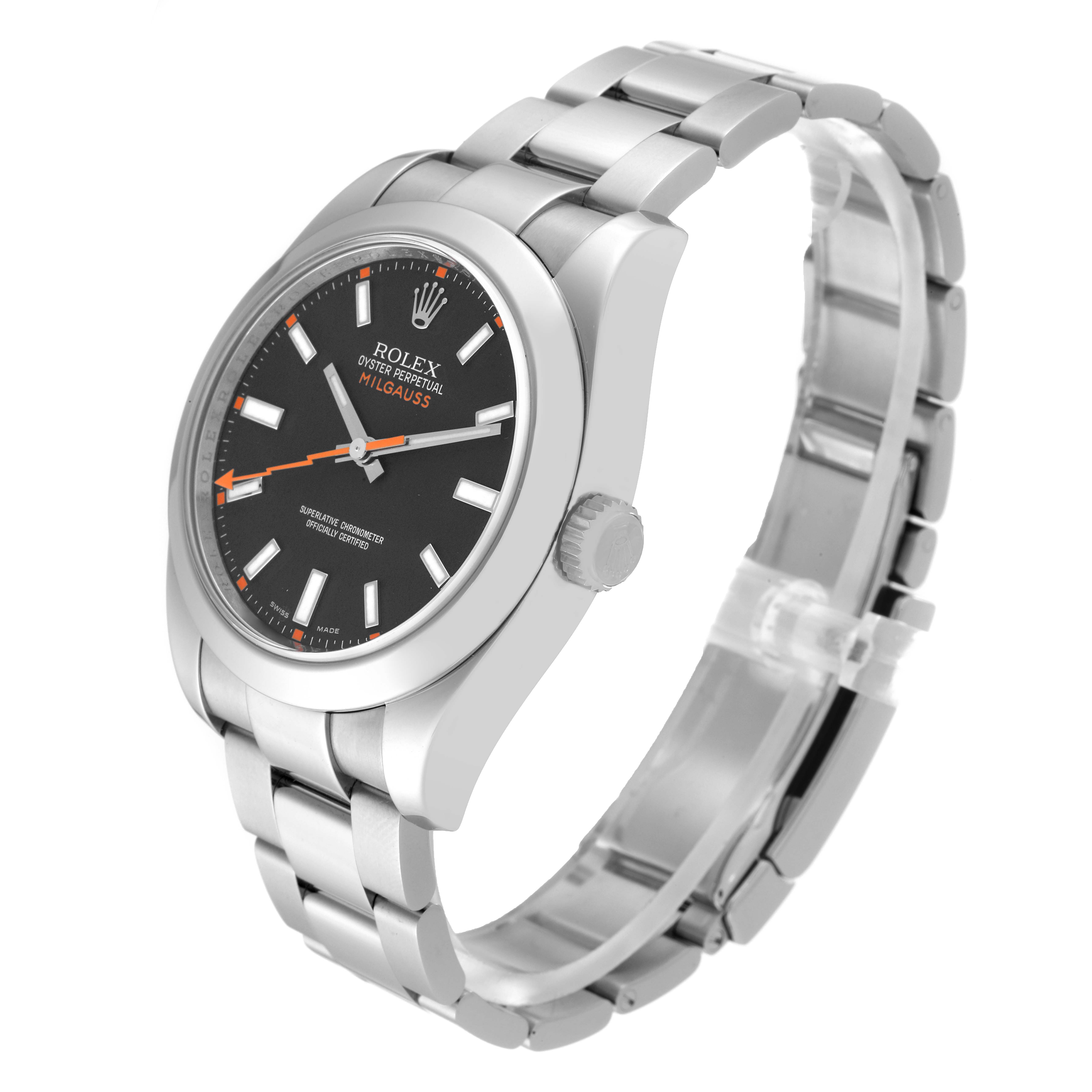 The Rolex Milgauss 116400 Men's Stainless Steel Black Dial 116400 Men's Stainless Steel Black Dial watch is shown at an oblique angle, displaying the face, bezel, crown, and bracelet.