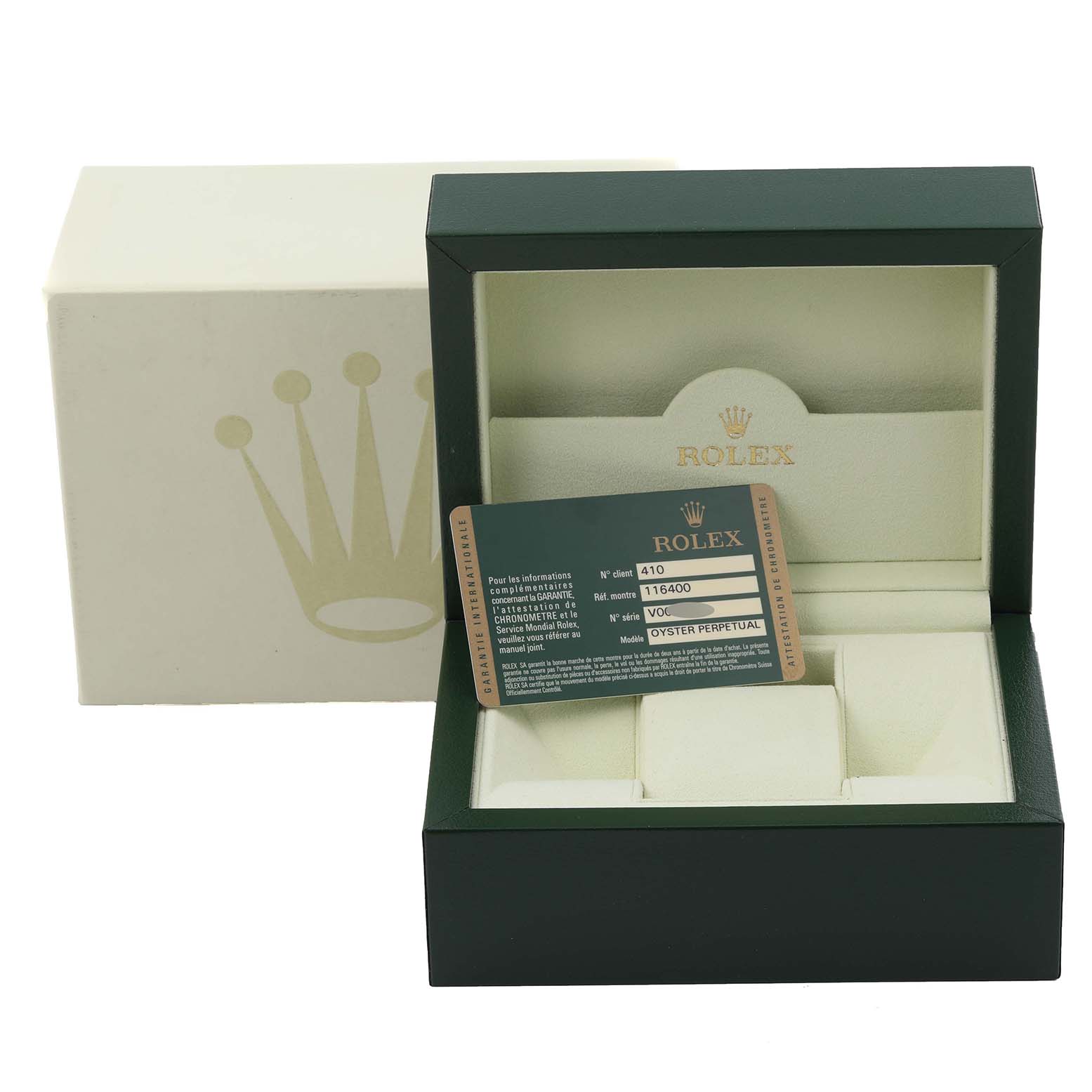 The image shows a Rolex Milgauss 116400 Men's Stainless Steel Black Dial 116400 Men's Stainless Steel Black Dial watch box with an authenticity card, viewed from the front.