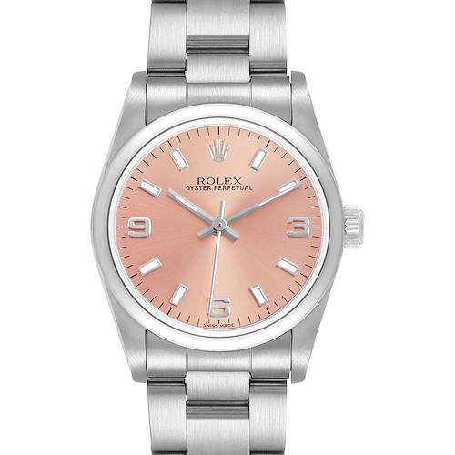 The Rolex Oyster Perpetual Mid-Size watch is shown from the front, displaying the dial, case, bezel, and metal bracelet.