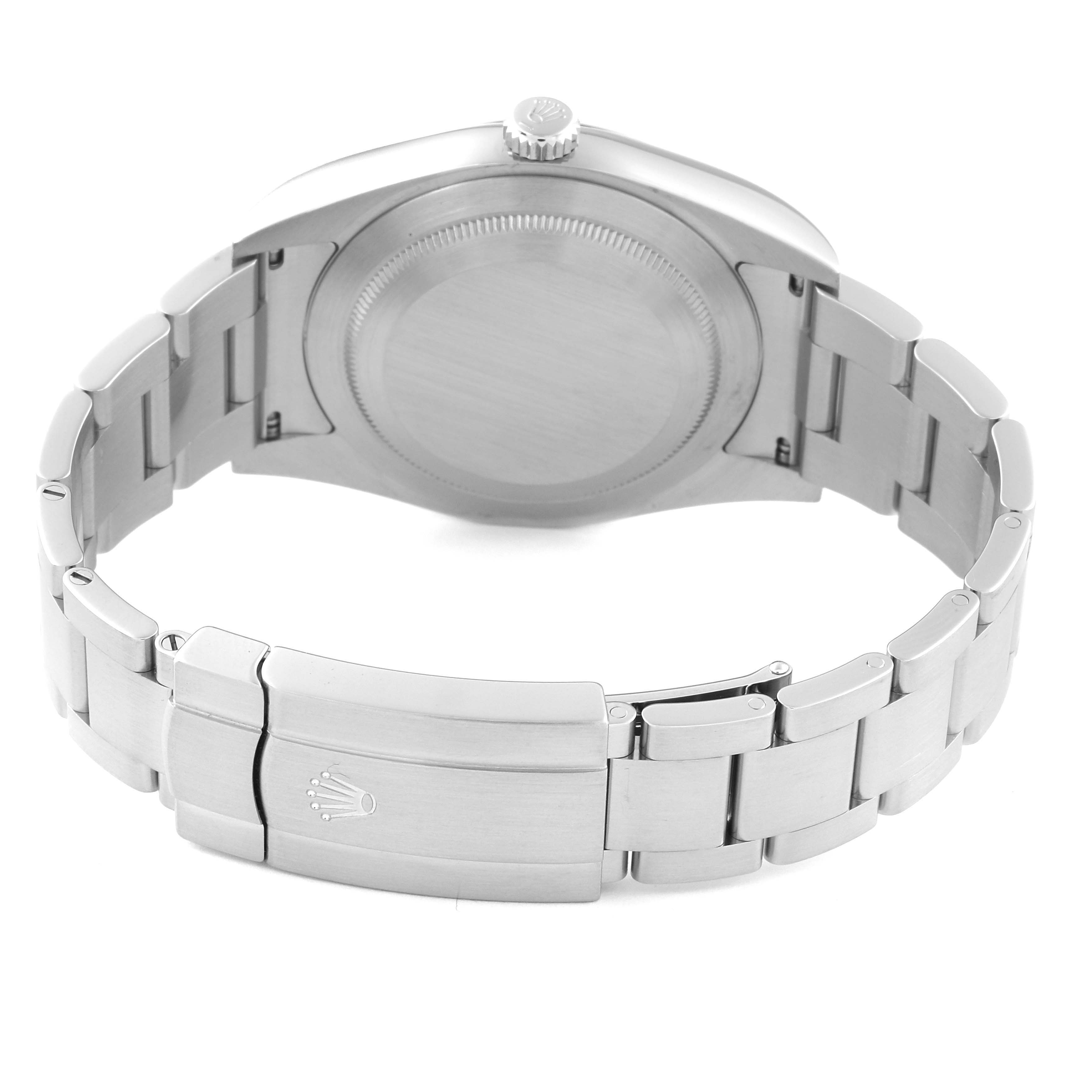 The Rolex Oyster Perpetual 114300 Men's Stainless Steel Blue Dial 114300 Men's Stainless Steel Blue Dial is shown from the back, featuring its case back, bracelet, and clasp.