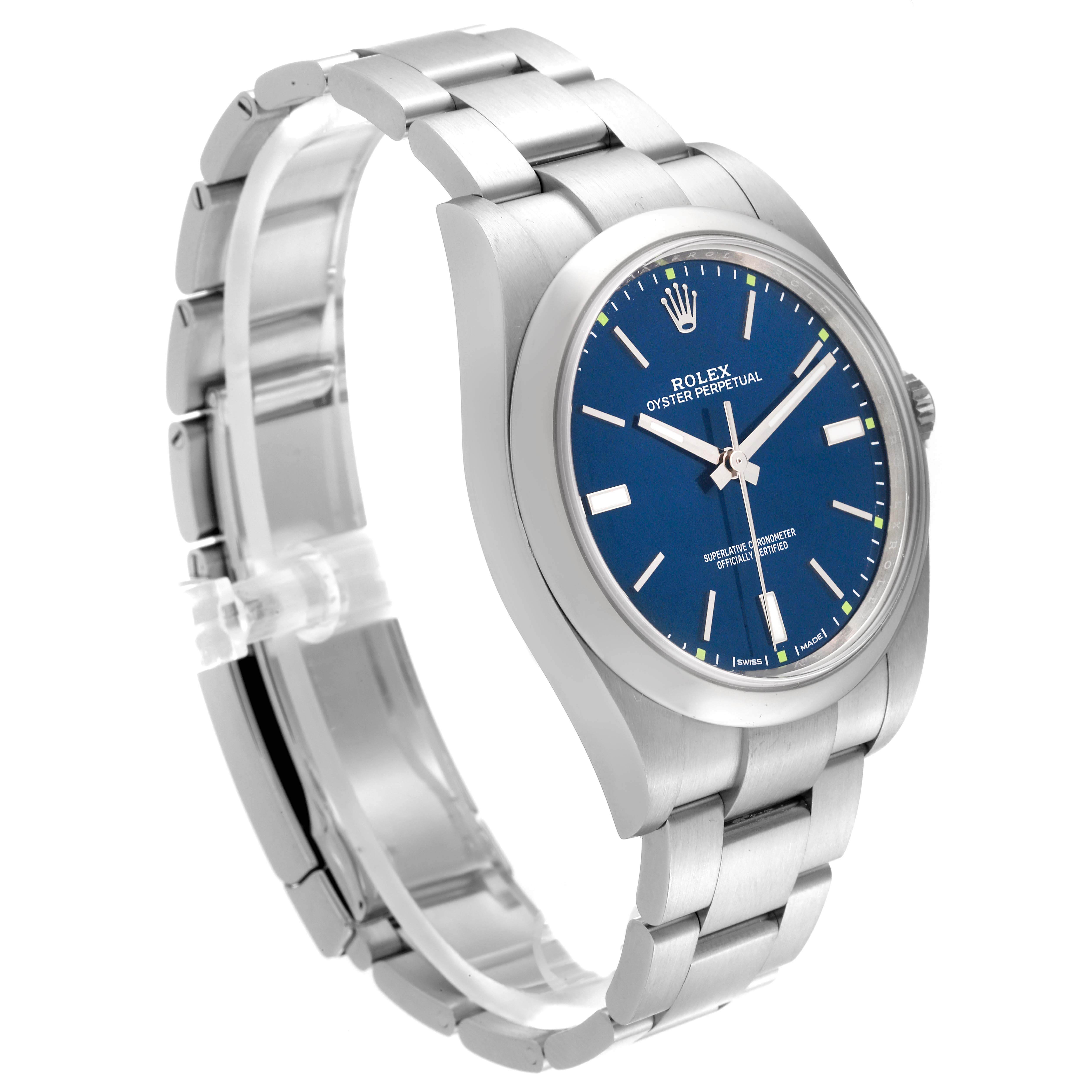 The Rolex Oyster Perpetual 114300 Men's Stainless Steel Blue Dial 114300 Men's Stainless Steel Blue Dial watch is shown at a three-quarter angle, displaying the blue dial and metal bracelet.