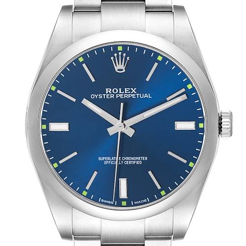 Photo of Rolex Oyster Perpetual 39mm Blue Dial Steel Mens Watch 114300 Box Card