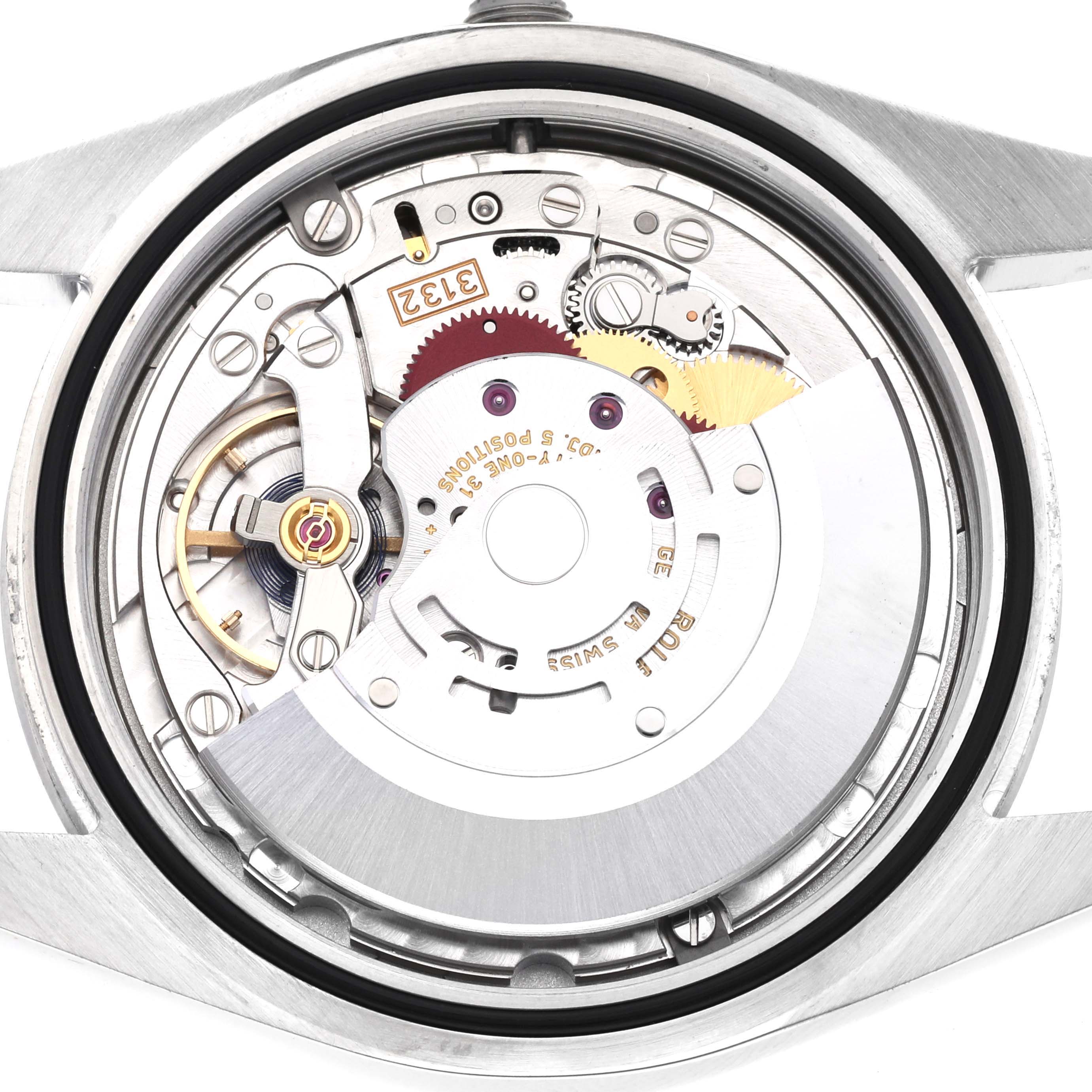 The image shows the movement mechanism of a Rolex Oyster Perpetual 114300 Men's Stainless Steel Blue Dial 114300 Men's Stainless Steel Blue Dial watch from a back view angle.