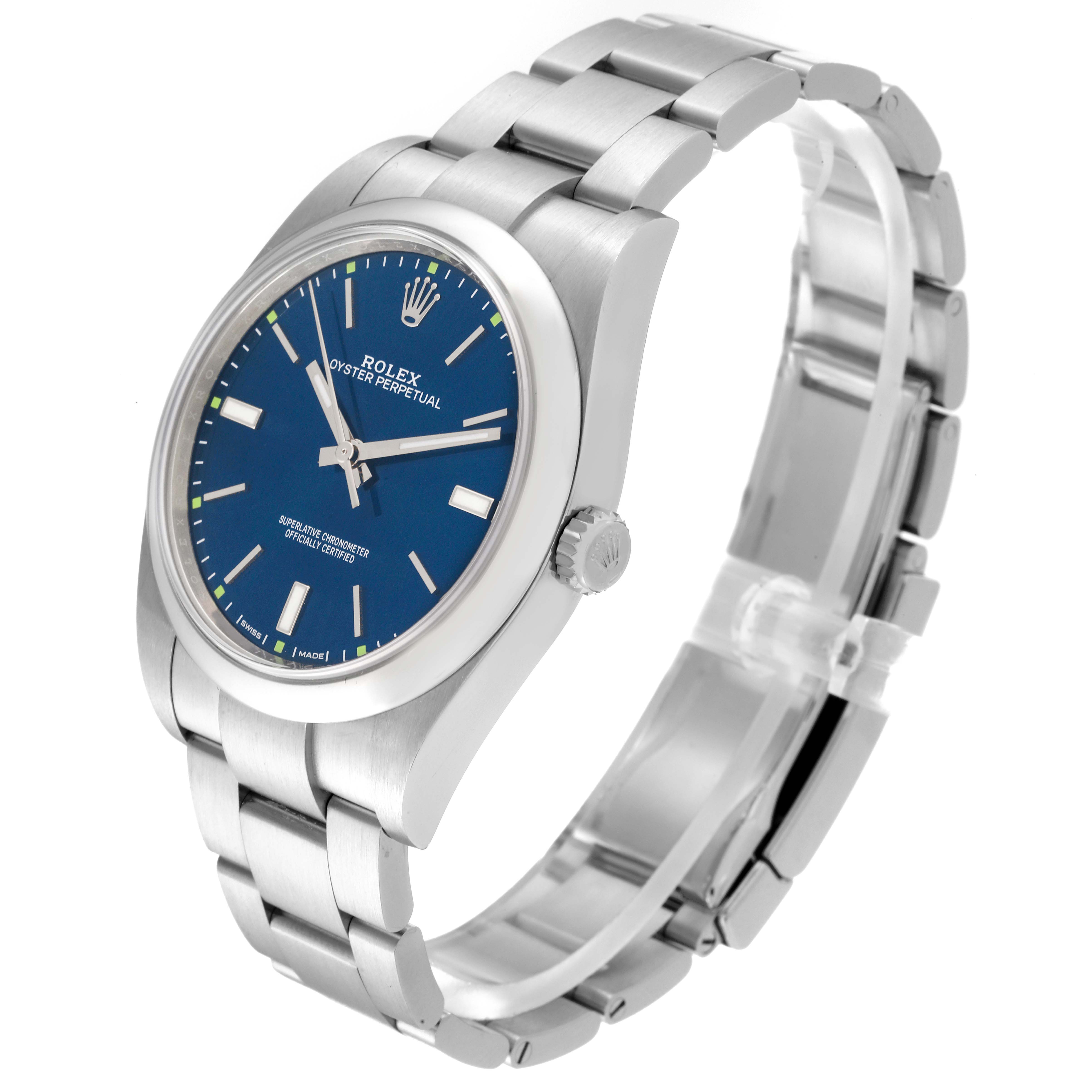 The Rolex Oyster Perpetual 114300 Men's Stainless Steel Blue Dial 114300 Men's Stainless Steel Blue Dial watch is shown at a three-quarter angle, highlighting the face, bezel, and bracelet.